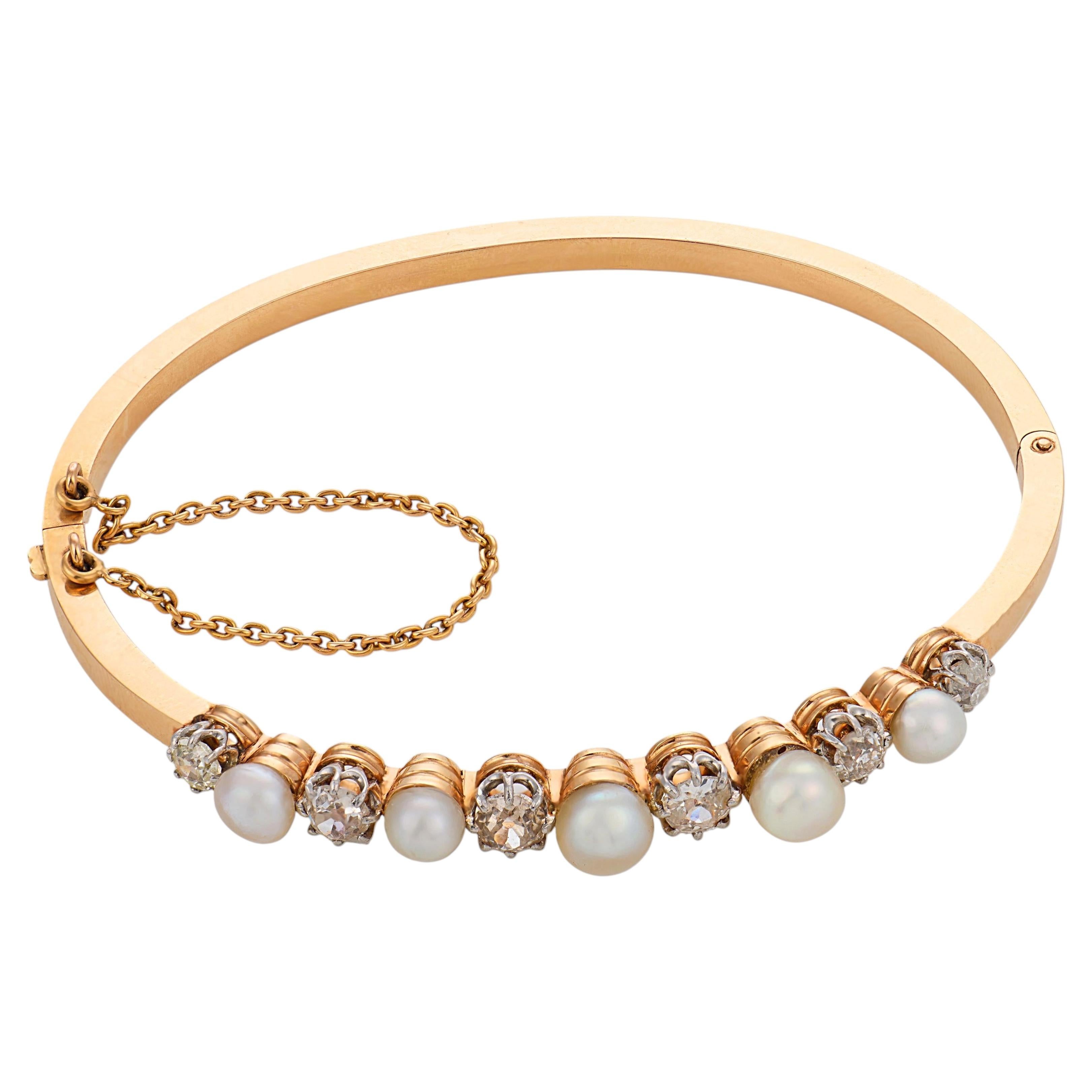 Pulsera eduardiana de oro amarillo de 18k con perlas y diamantes de talla «old mine»