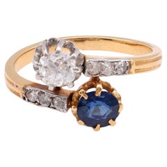 Anello edoardiano con diamante e zaffiro taglio miniera in oro giallo 18 carati Toi et Moi