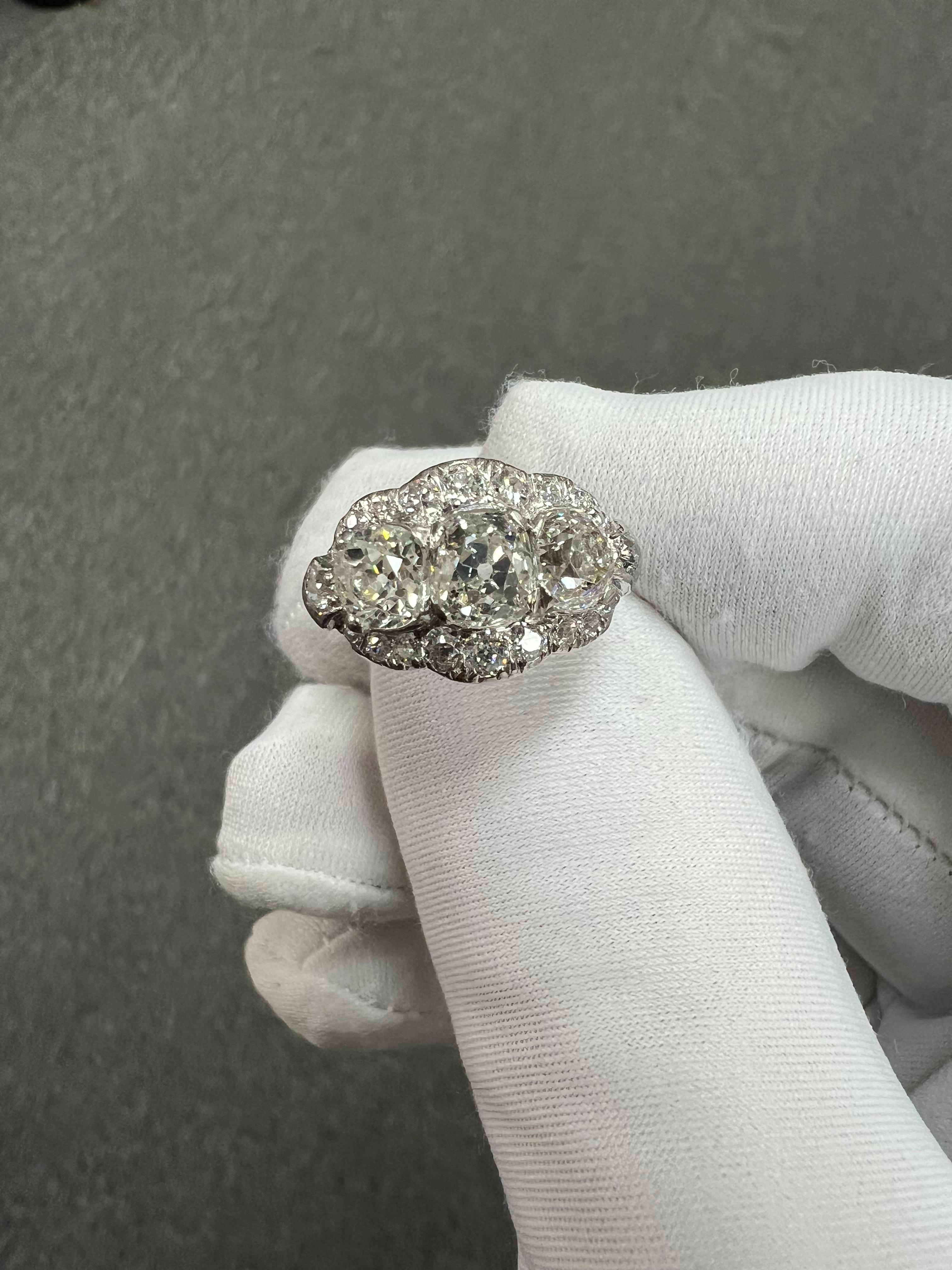 Edwardian Old Mine Cut Diamond Three Stone Platinum Ring Circa 1910 For Sale 8