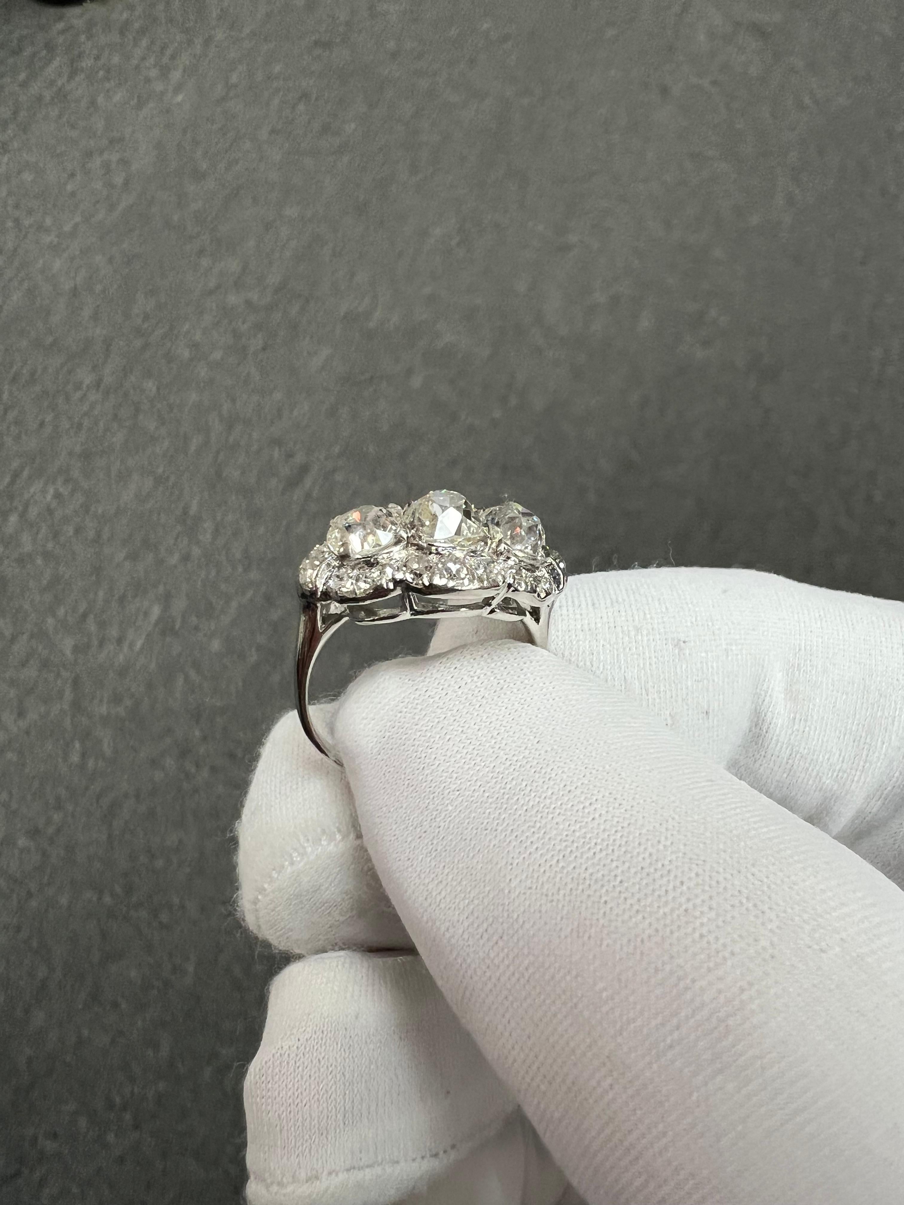 Edwardian Old Mine Cut Diamond Three Stone Platinum Ring Circa 1910 For Sale 9