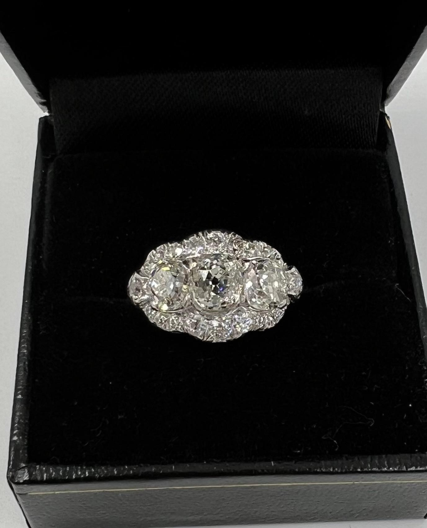Edwardian Old Mine Cut Diamond Three Stone Platinum Ring Circa 1910 For Sale 4