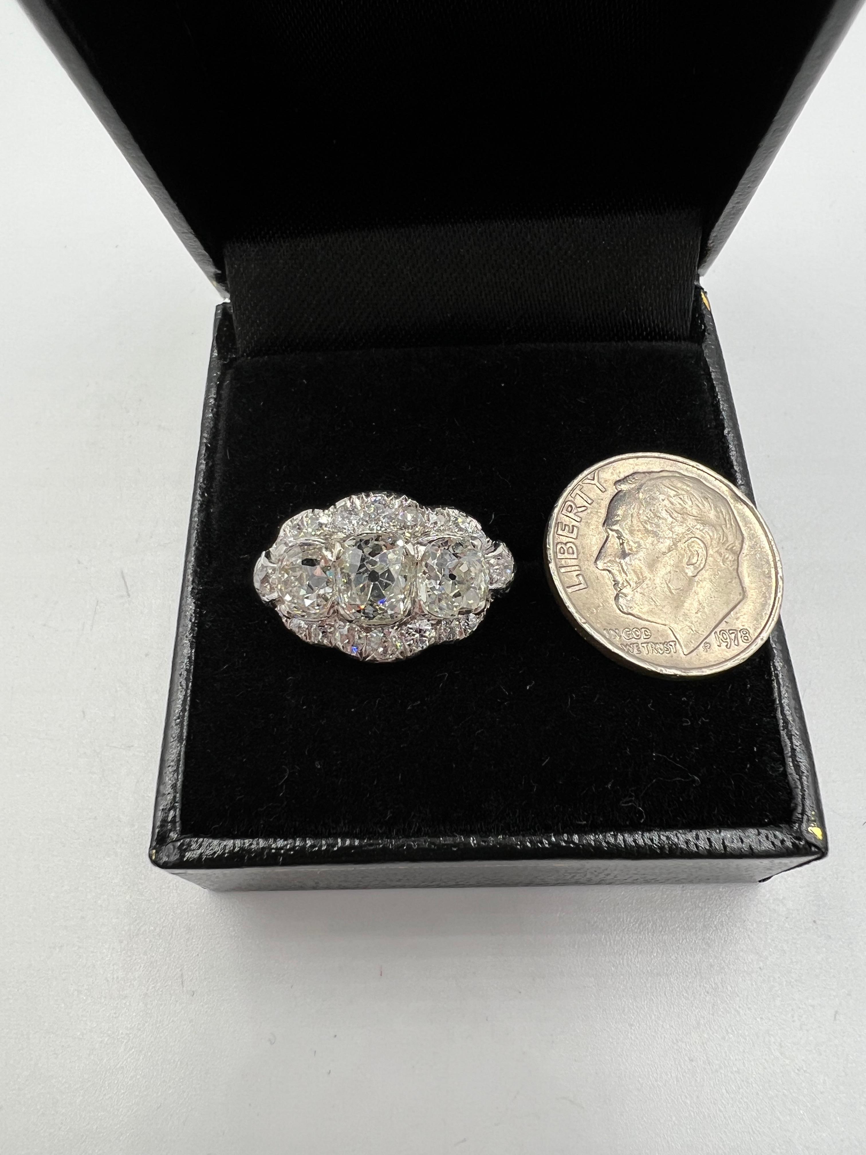 Edwardian Old Mine Cut Diamond Three Stone Platinum Ring Circa 1910 For Sale 5