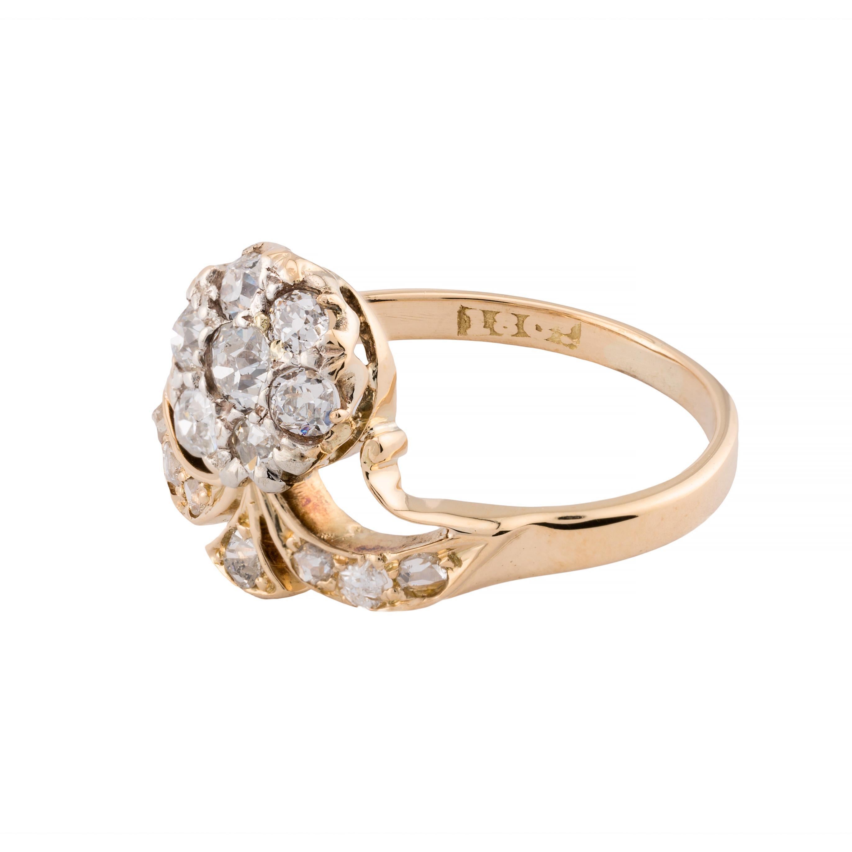 Tiara-Ring aus Platin mit Diamanten im alten Minenschliff im edwardianischen Stil, 18 Karat Gelbgold (Edwardian)