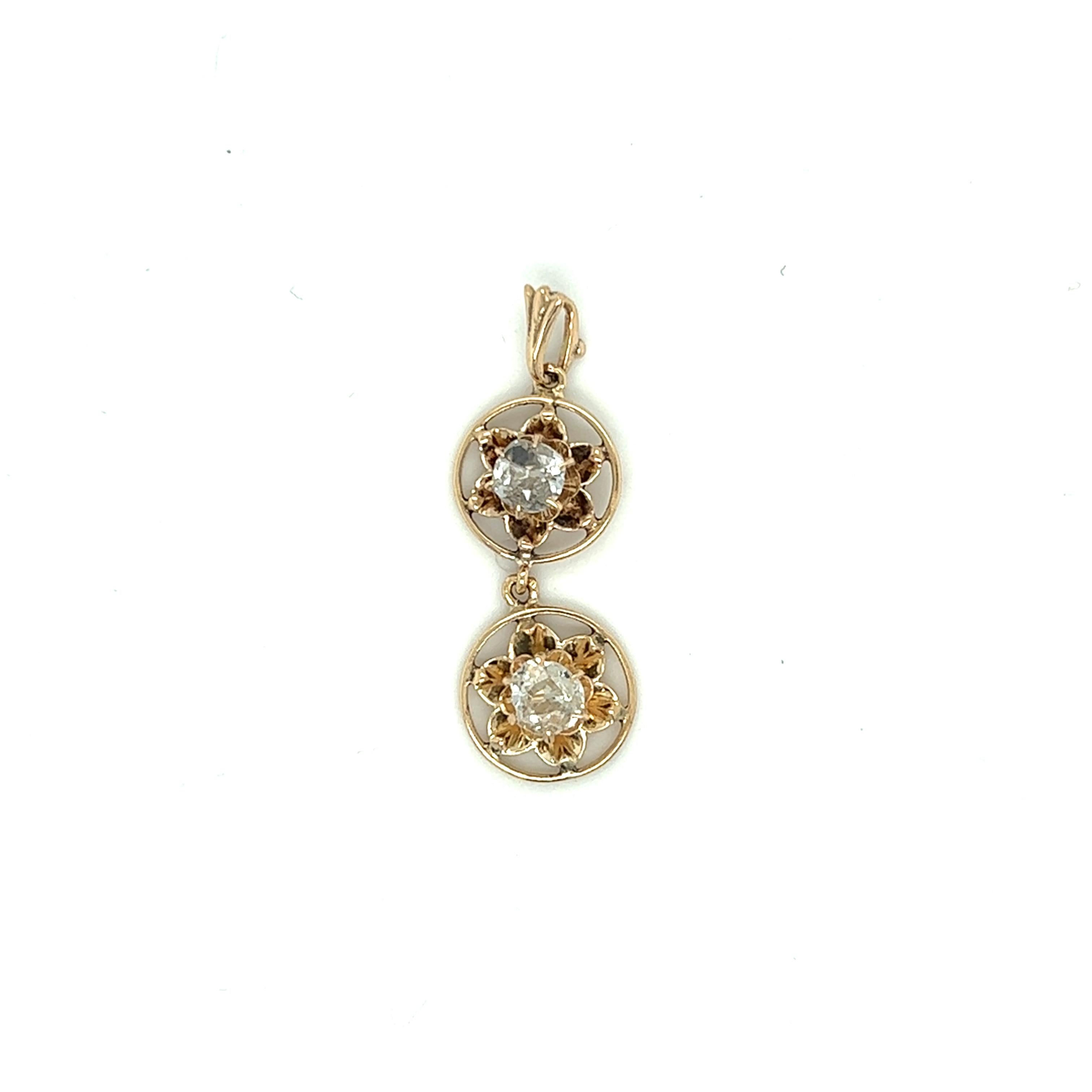 Edwardian Old Mine Cut Diamond Twin Buttercup Pendant in 14K Gold  In Good Condition In Towson, MD