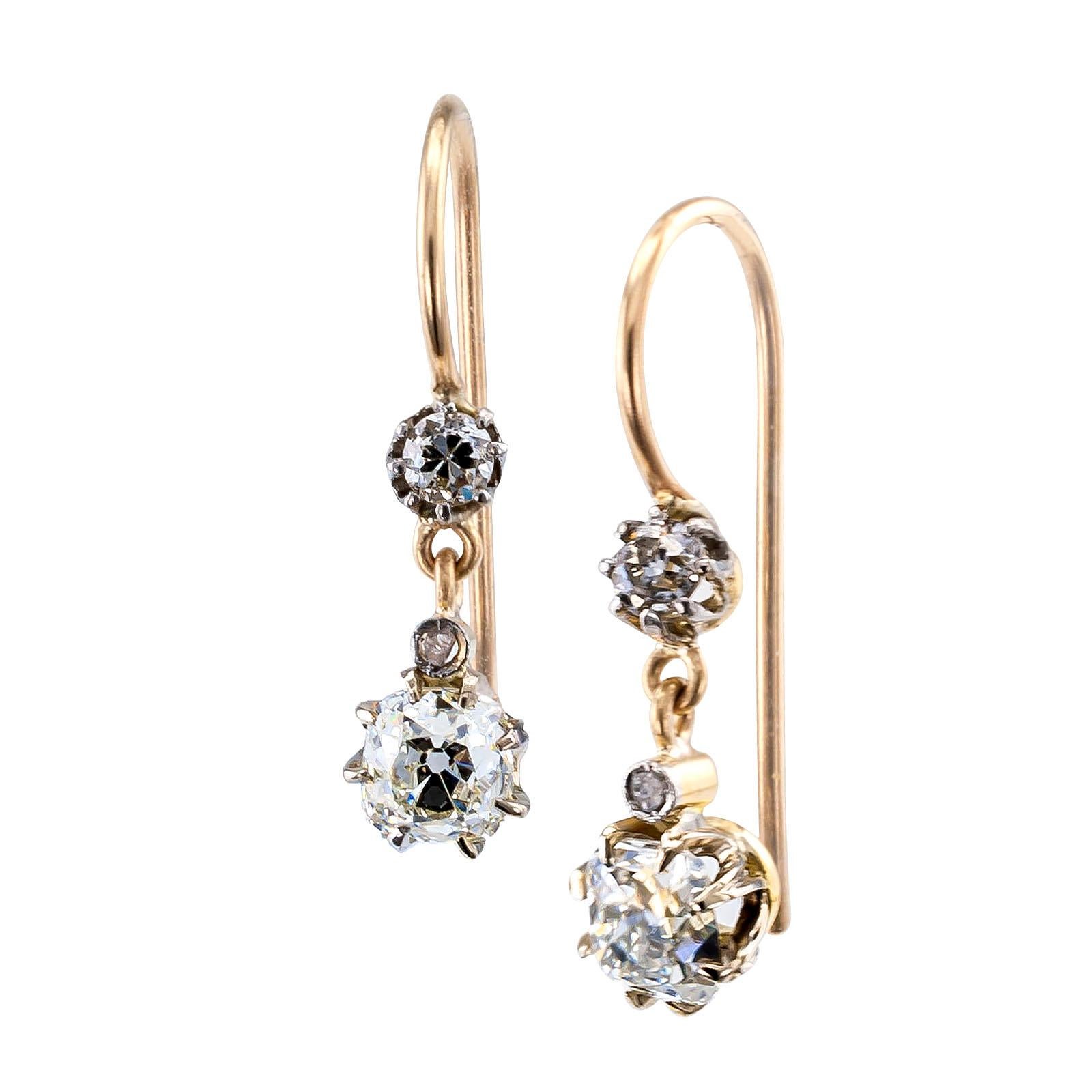 Edwardian Old Mine-Cut Diamond Yellow Gold Drop Earrings In Good Condition In Los Angeles, CA