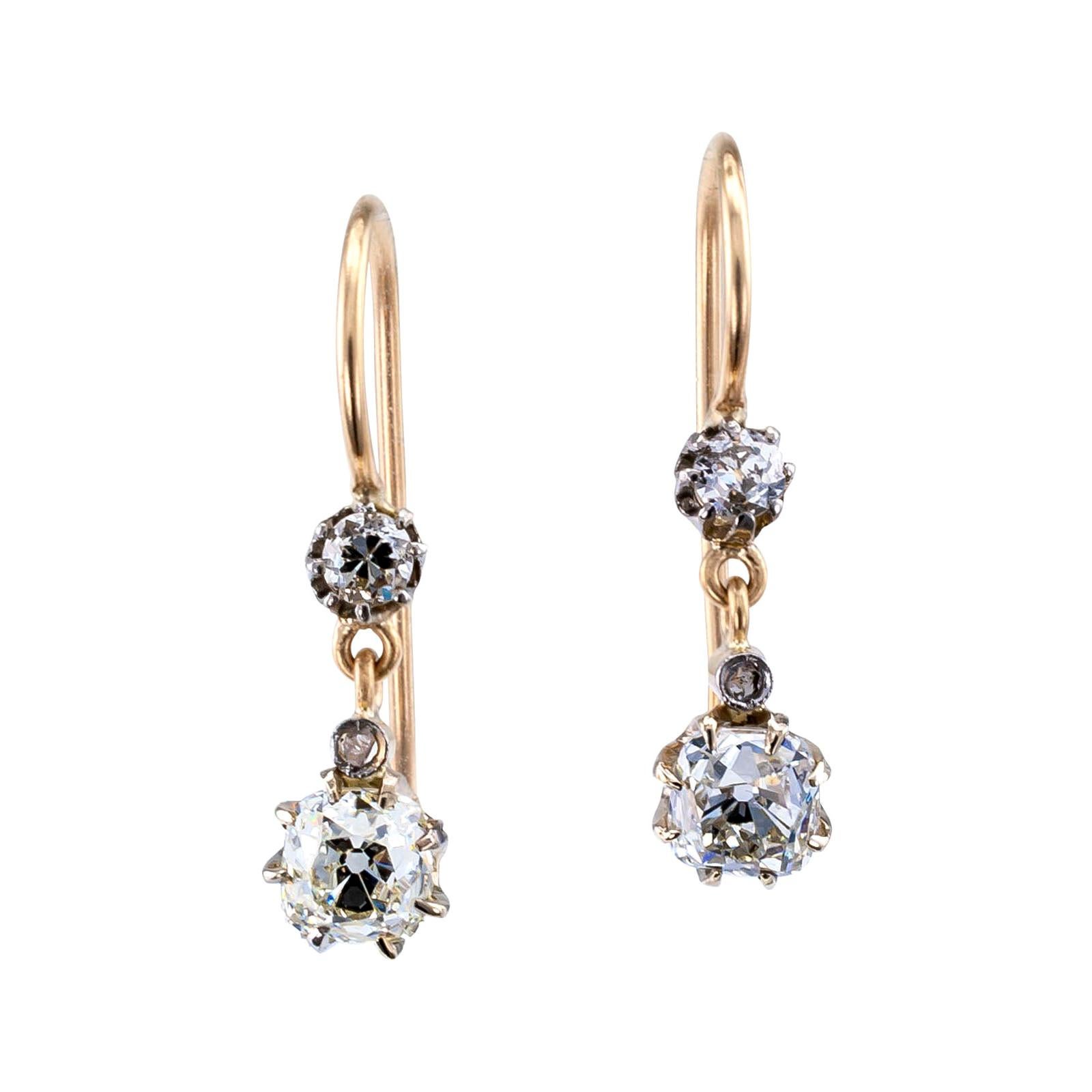 Edwardian Old Mine-Cut Diamond Yellow Gold Drop Earrings