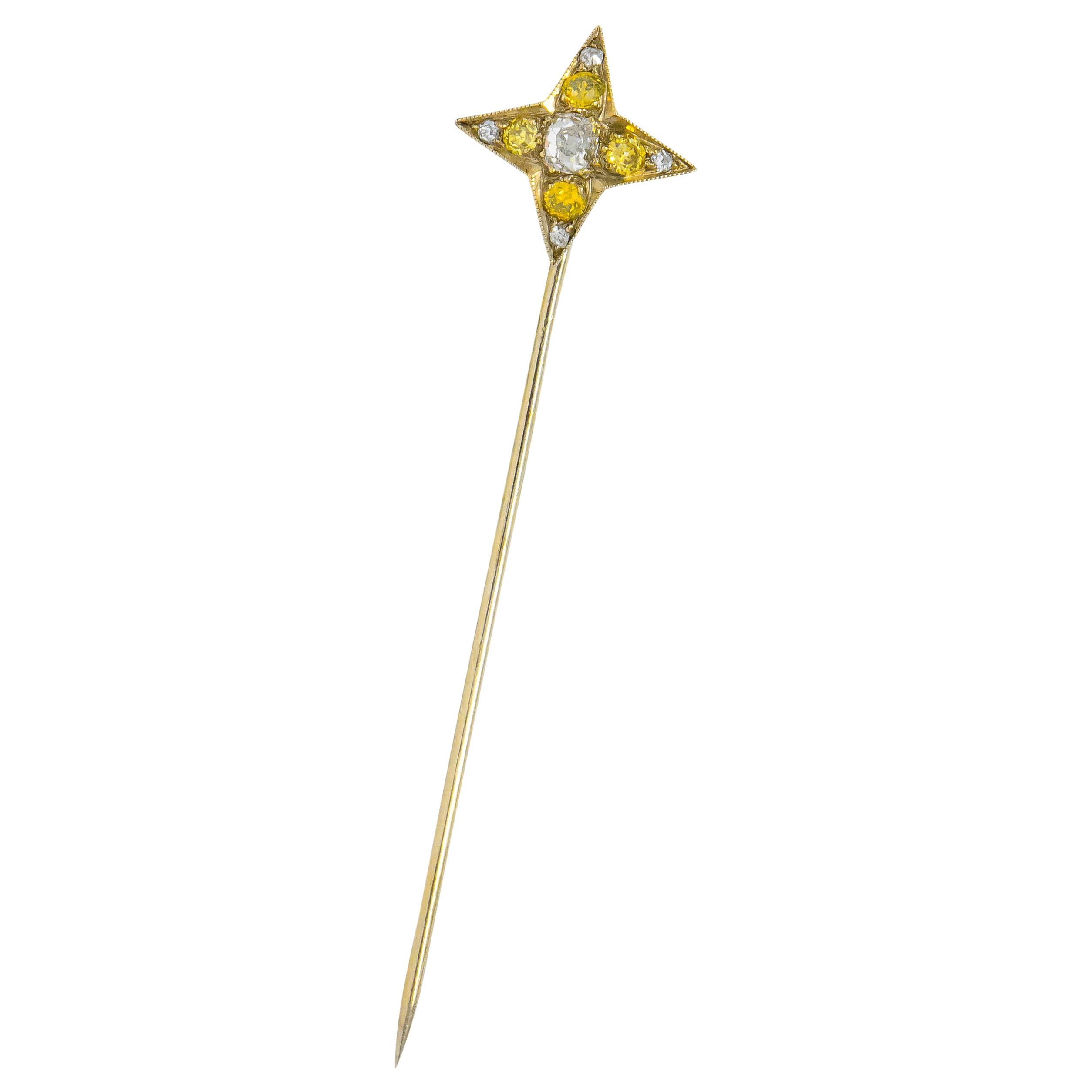 Edwardian Old Mine Cut Fancy Yellow Diamond Platinum Star Stickpin