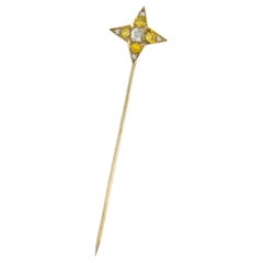 Edwardian Old Mine Cut Fancy Yellow Diamond Platinum Star Stickpin