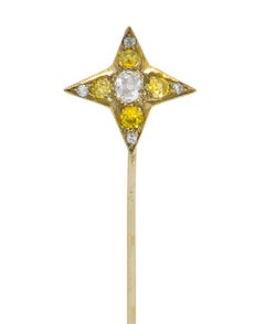 Épingle à cravate édouardienne en platine avec diamant jaune fantaisie taille vieille mine et étoile