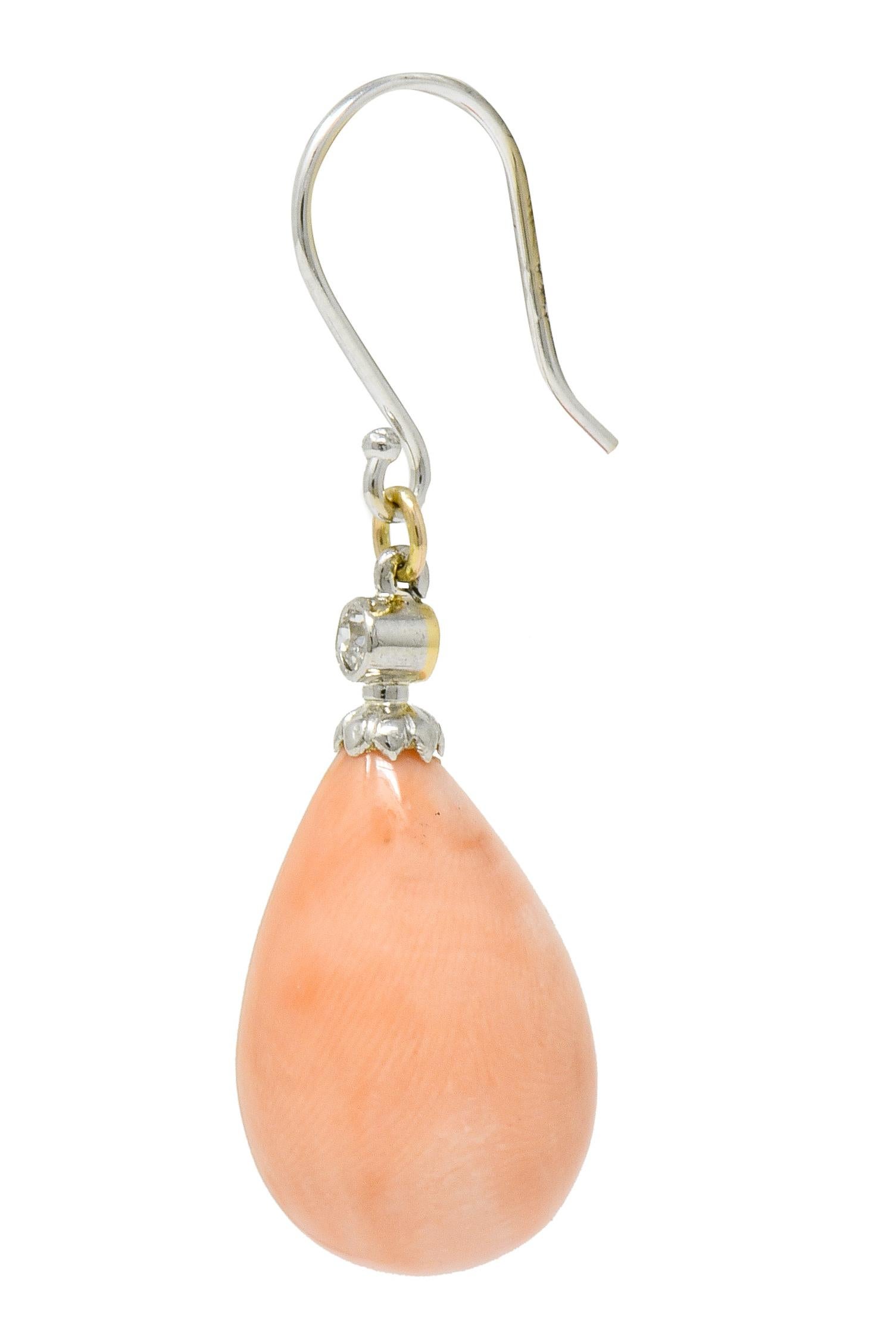 Old Mine Cut Edwardian Old Mine Diamond Coral Platinum-Topped Gold Drop Earrings