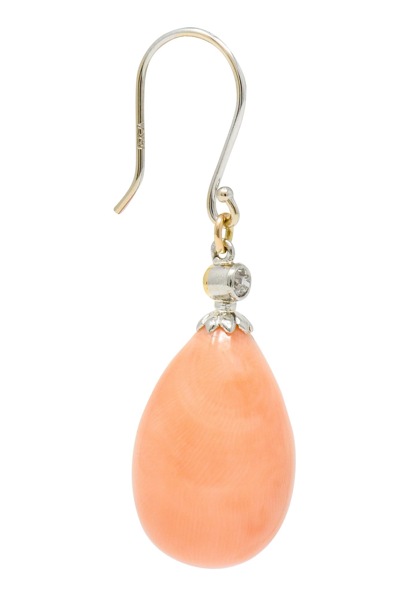 Edwardian Old Mine Diamond Coral Platinum-Topped Gold Drop Earrings In Excellent Condition In Philadelphia, PA