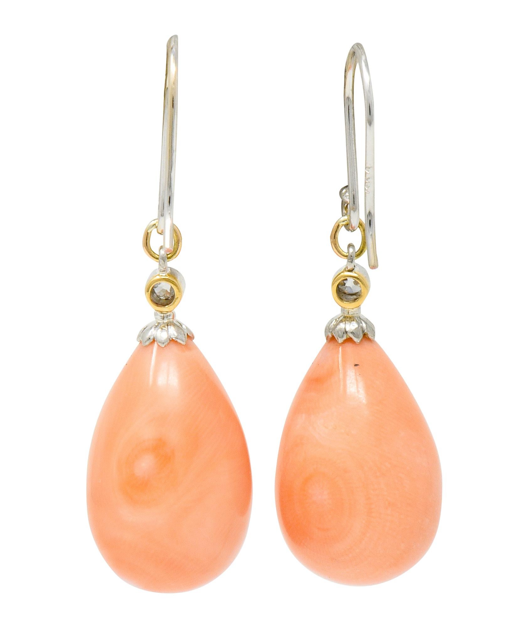 Women's or Men's Edwardian Old Mine Diamond Coral Platinum-Topped Gold Drop Earrings