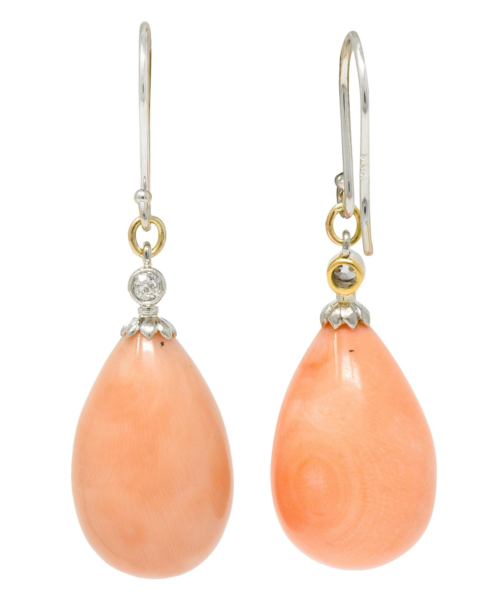 Edwardian Old Mine Diamond Coral Platinum-Topped Gold Drop Earrings 1