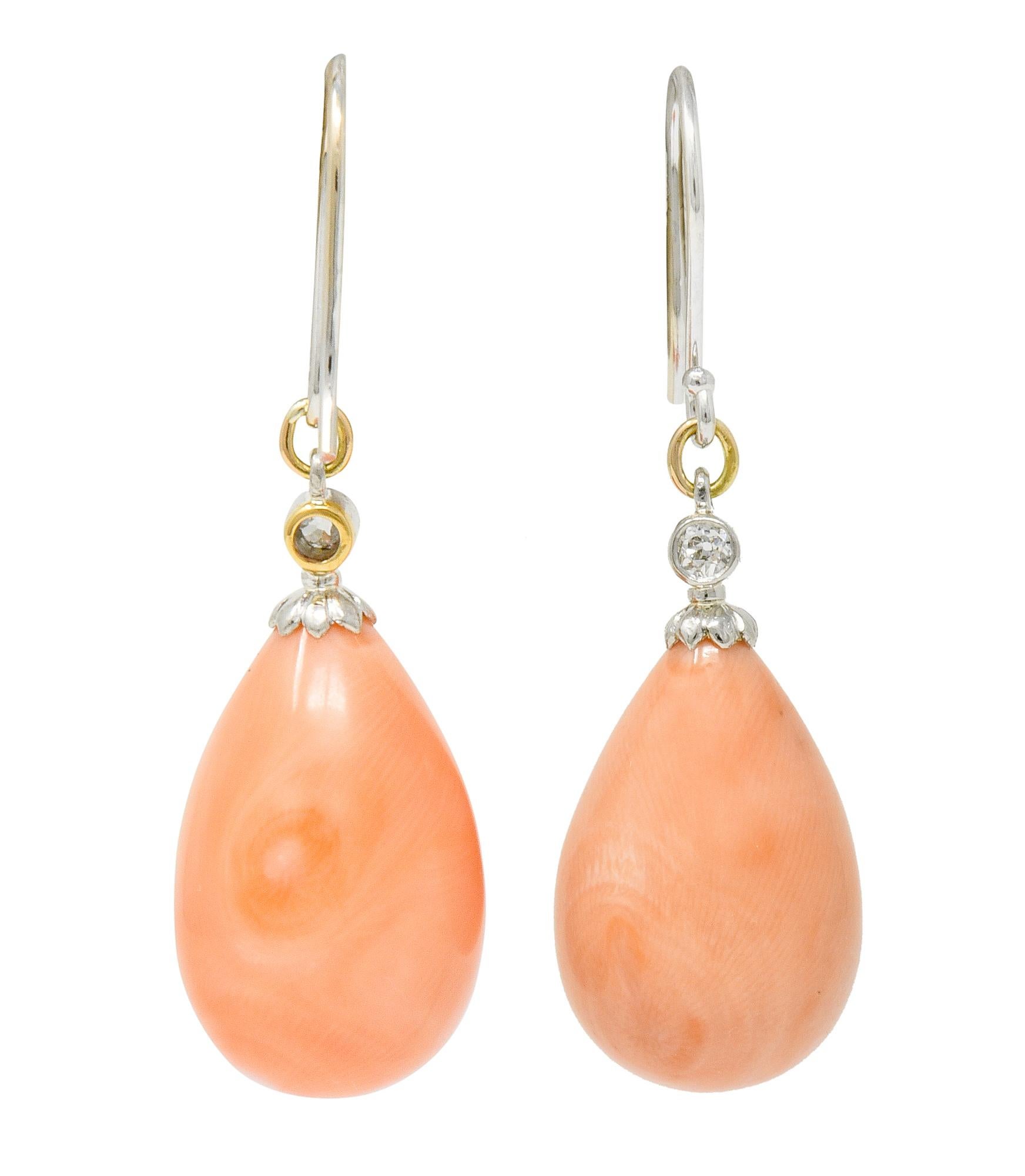 Edwardian Old Mine Diamond Coral Platinum-Topped Gold Drop Earrings 2