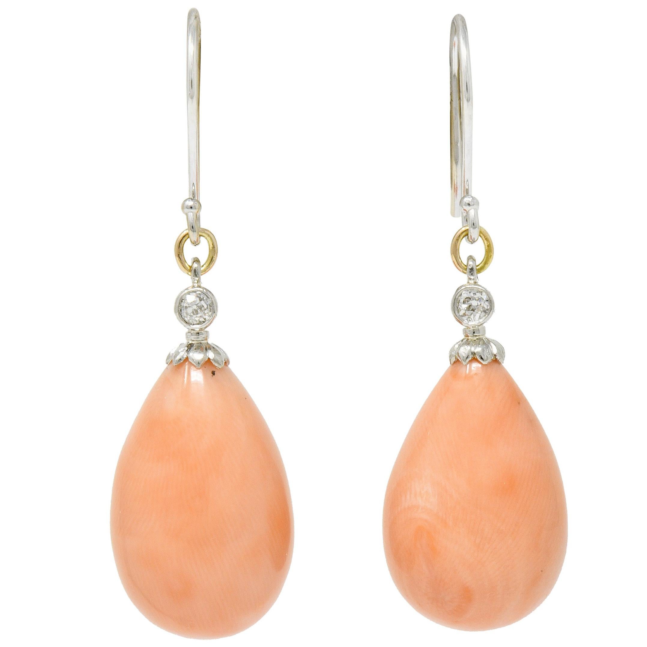 Edwardian Old Mine Diamond Coral Platinum-Topped Gold Drop Earrings