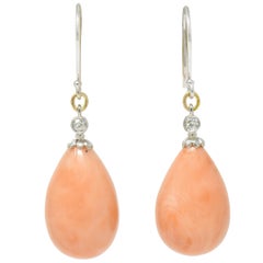 Edwardian Old Mine Diamond Coral Platinum-Topped Gold Drop Earrings