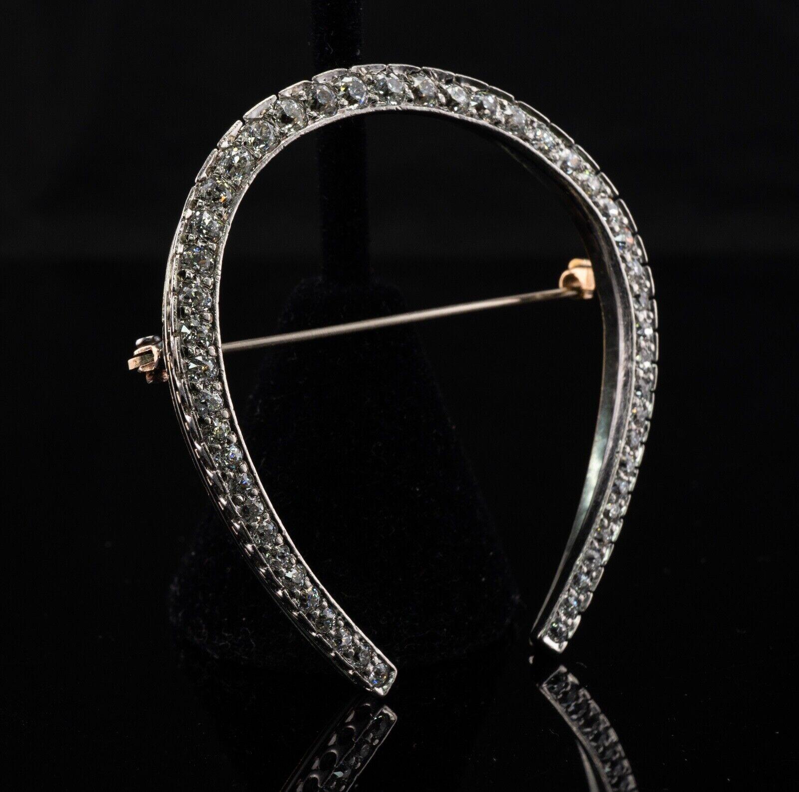 Edwardian Old Mine Diamond Horseshoe Brooch Pin 18k Gold & Platinum In Good Condition For Sale In East Brunswick, NJ