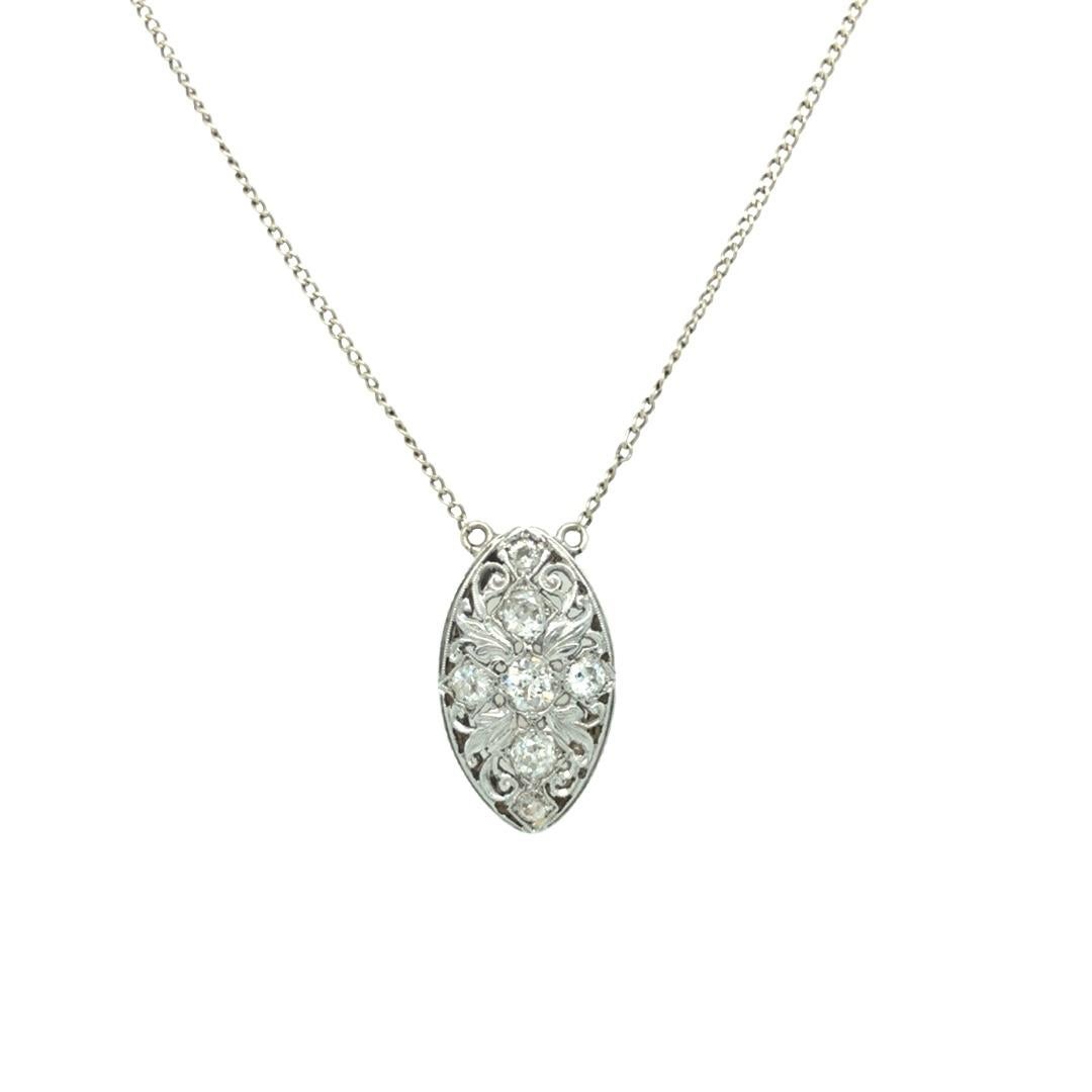 Old Mine Cut Edwardian Old Mine Diamond Navette Pendant Necklace For Sale