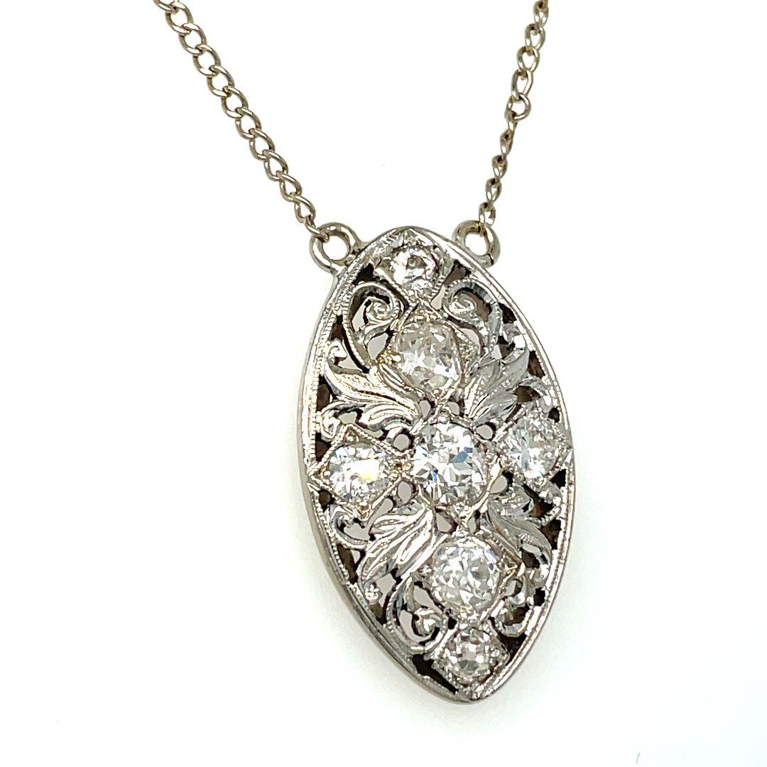Edwardian Old Mine Diamond Navette Pendant Necklace For Sale 2