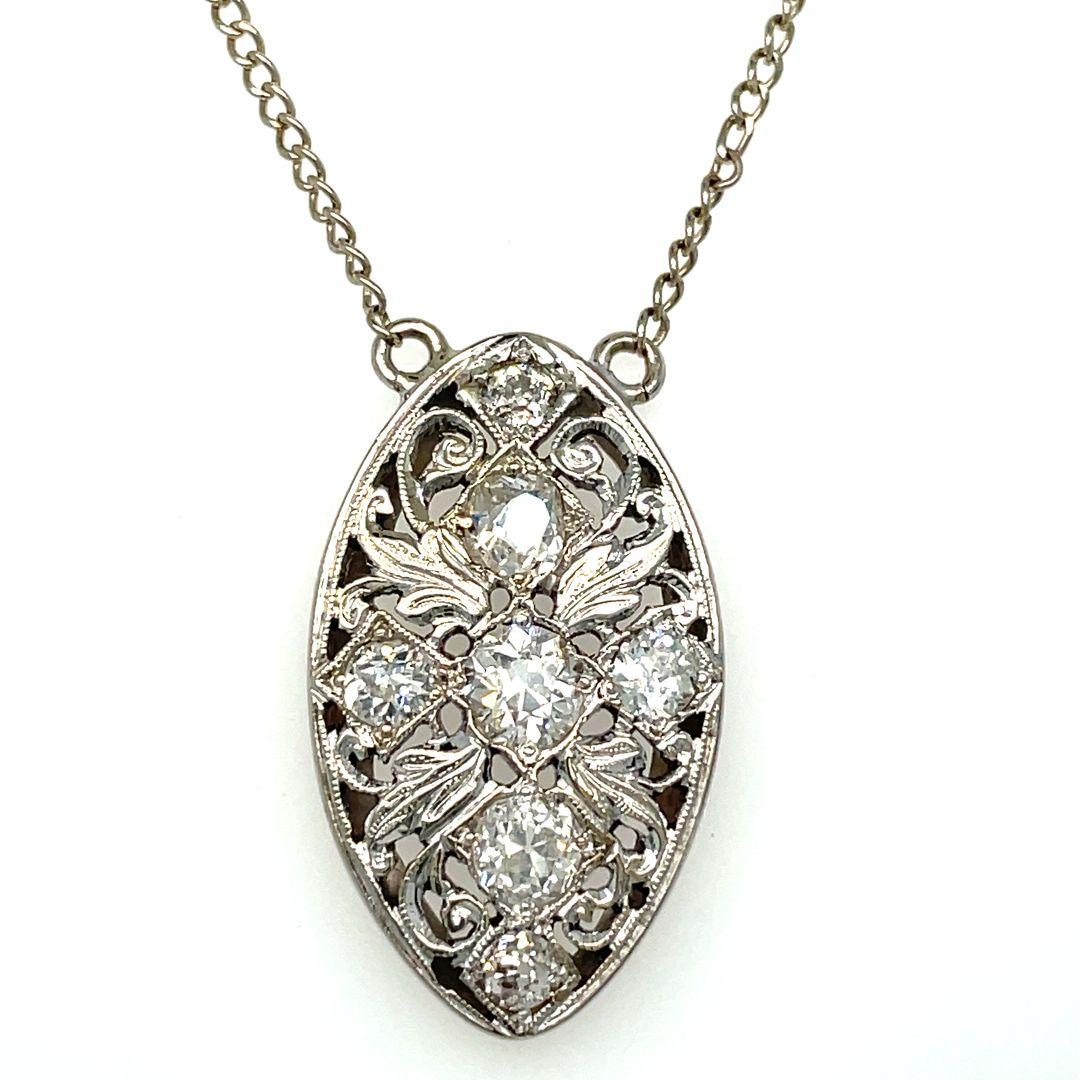 Edwardian Old Mine Diamond Navette Pendant Necklace For Sale 3