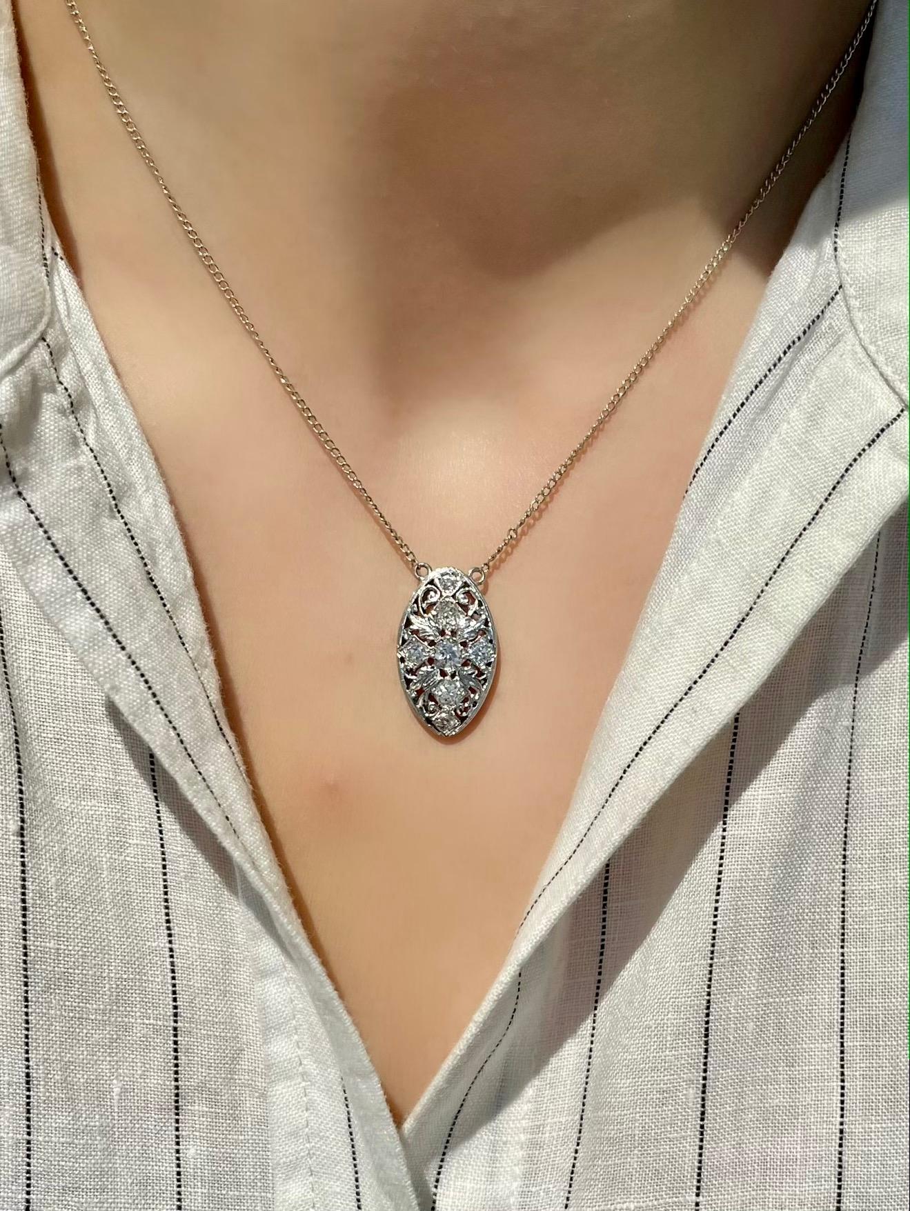 Edwardian Old Mine Diamond Navette Pendant Necklace For Sale 4