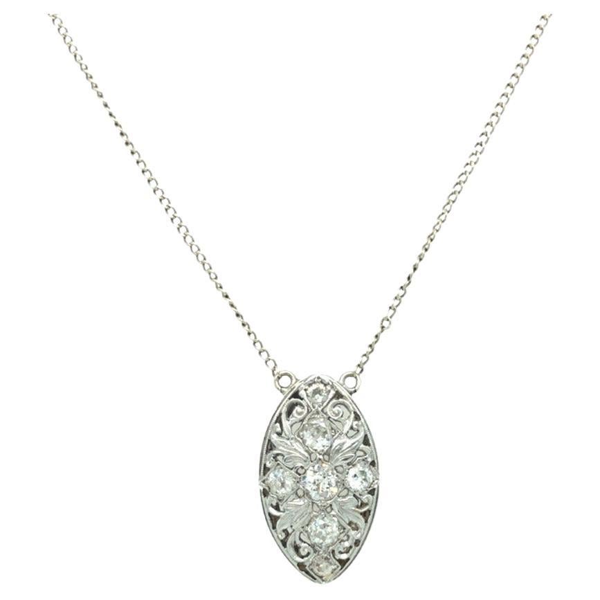 Edwardian Old Mine Diamond Navette Pendant Necklace For Sale