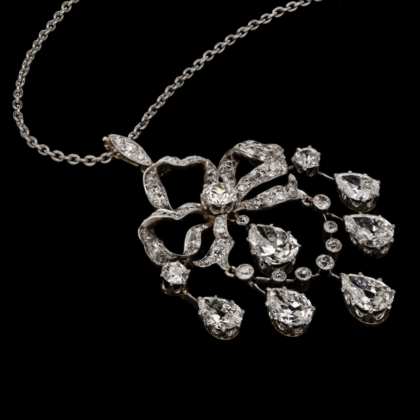 Edwardian Old Mine Diamond Pear Shapes Pendant Ribbon Bow Design, circa 1910 In Good Condition In London, GB