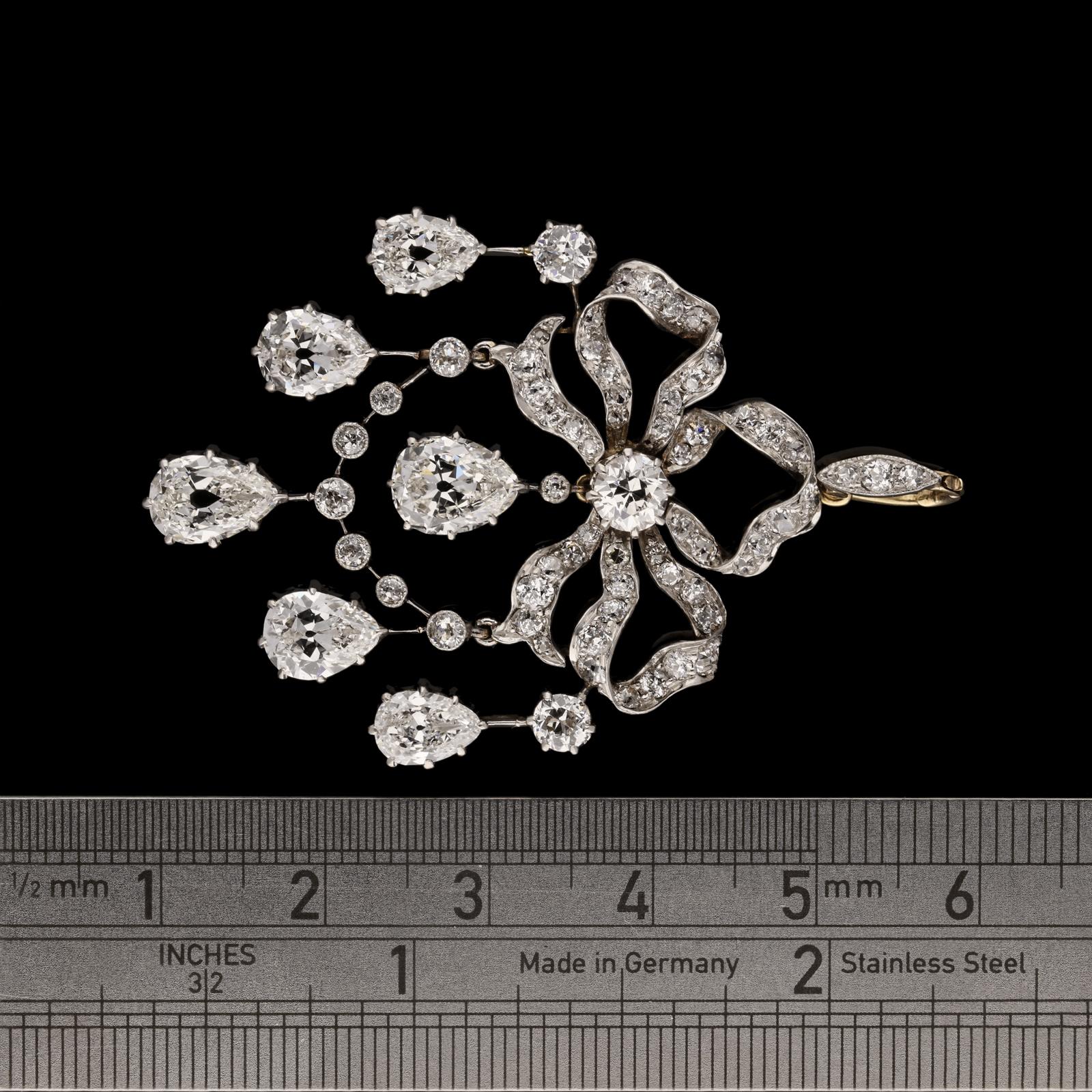 Edwardian Old Mine Diamond Pear Shapes Pendant Ribbon Bow Design, circa 1910 1