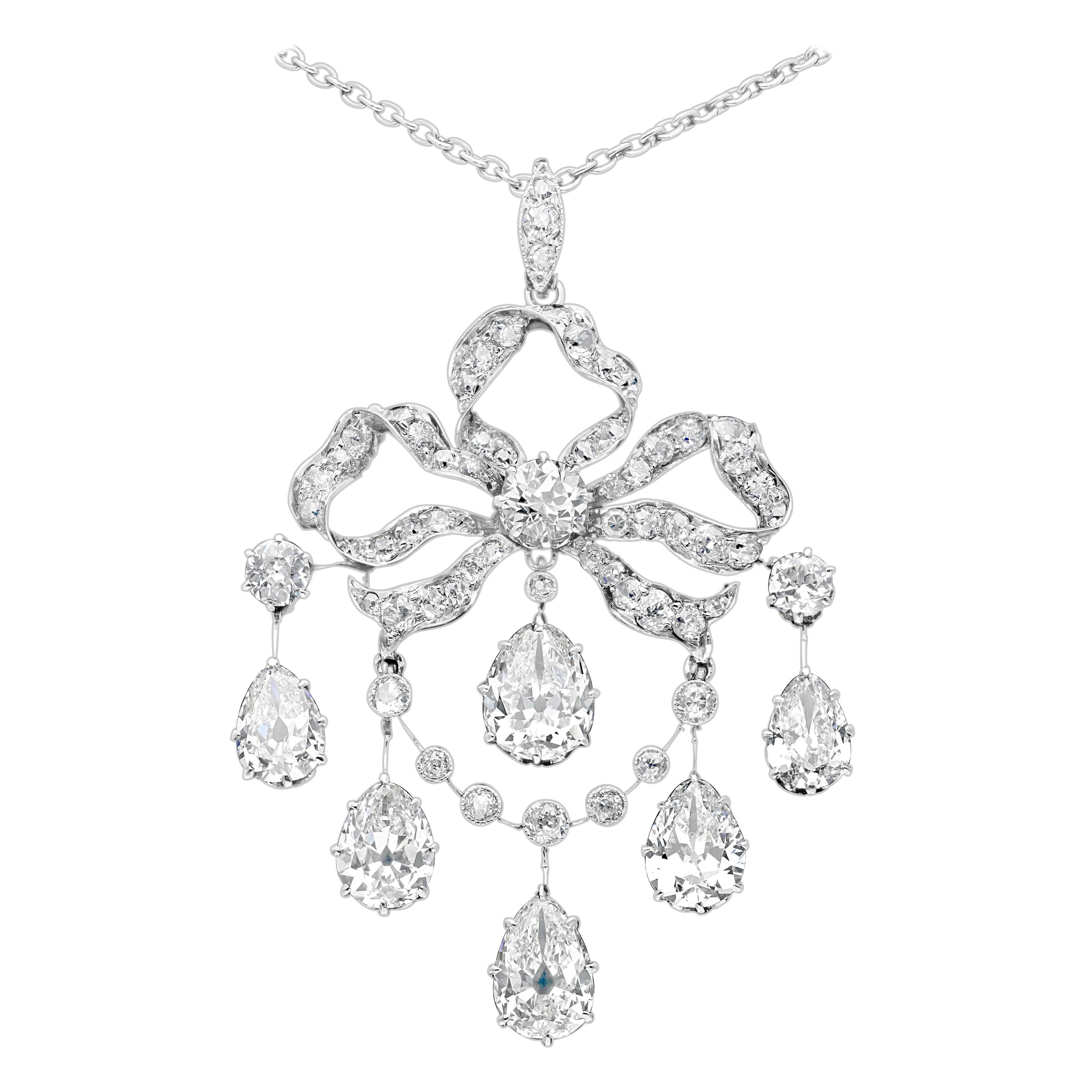 Edwardian Old Mine Diamond Pear Shapes Pendant Ribbon Bow Design, circa 1910