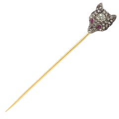 Edwardian Old Mine Diamond Ruby Silver 18 Karat Gold Antique Fox Head Stickpin