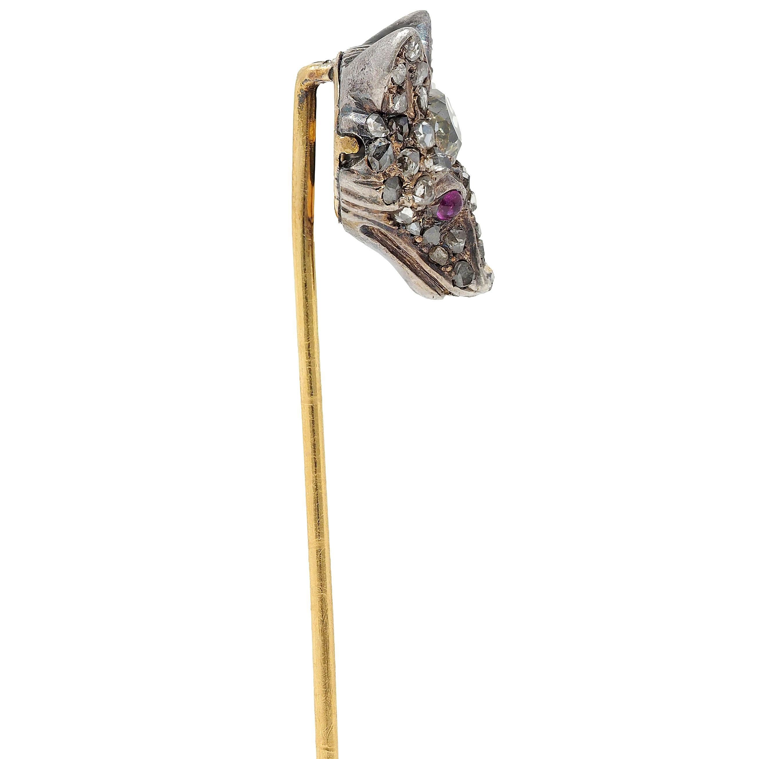 Edwardian Old Mine Diamond Ruby Silber 18 Karat Gold Antike Fuchs Kopf Stickpin (Alteuropäischer Brillantschliff) im Angebot