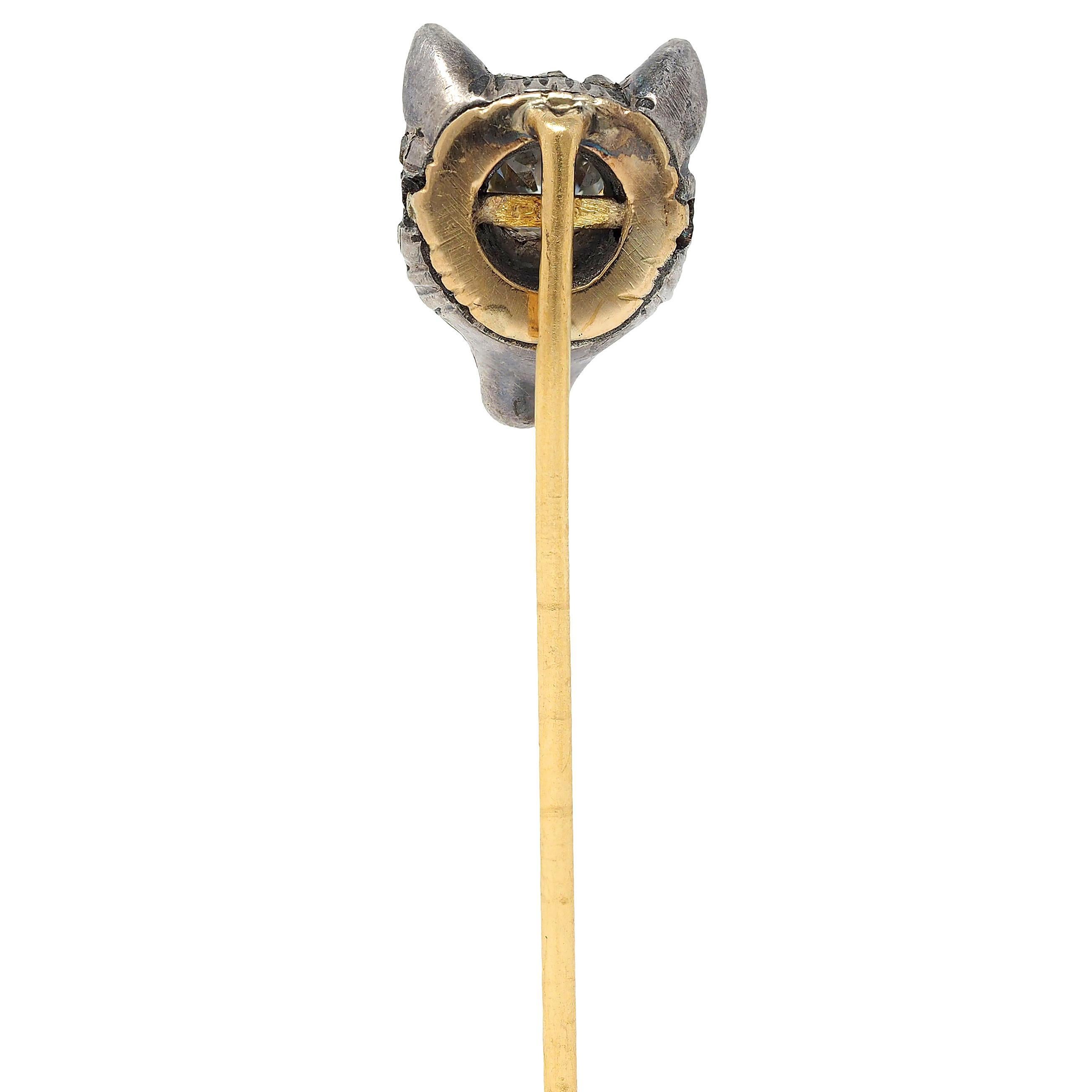 Edwardian Old Mine Diamond Ruby Silber 18 Karat Gold Antike Fuchs Kopf Stickpin im Zustand „Hervorragend“ im Angebot in Philadelphia, PA