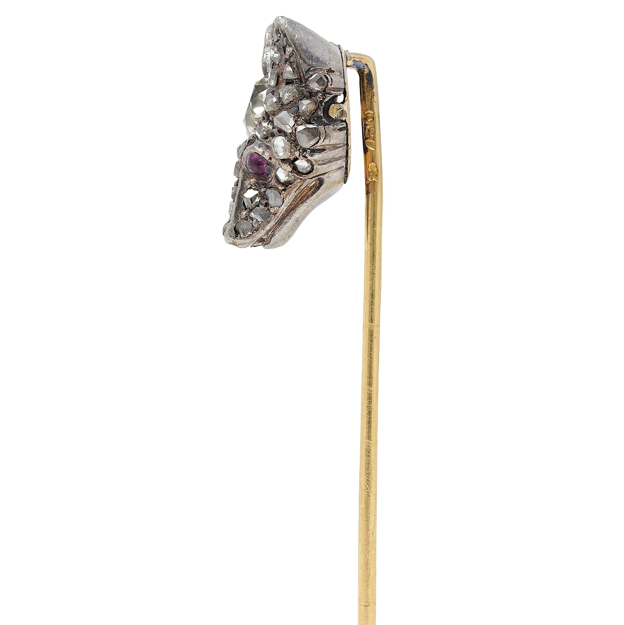 Edwardian Old Mine Diamond Ruby Silber 18 Karat Gold Antike Fuchs Kopf Stickpin für Damen oder Herren im Angebot