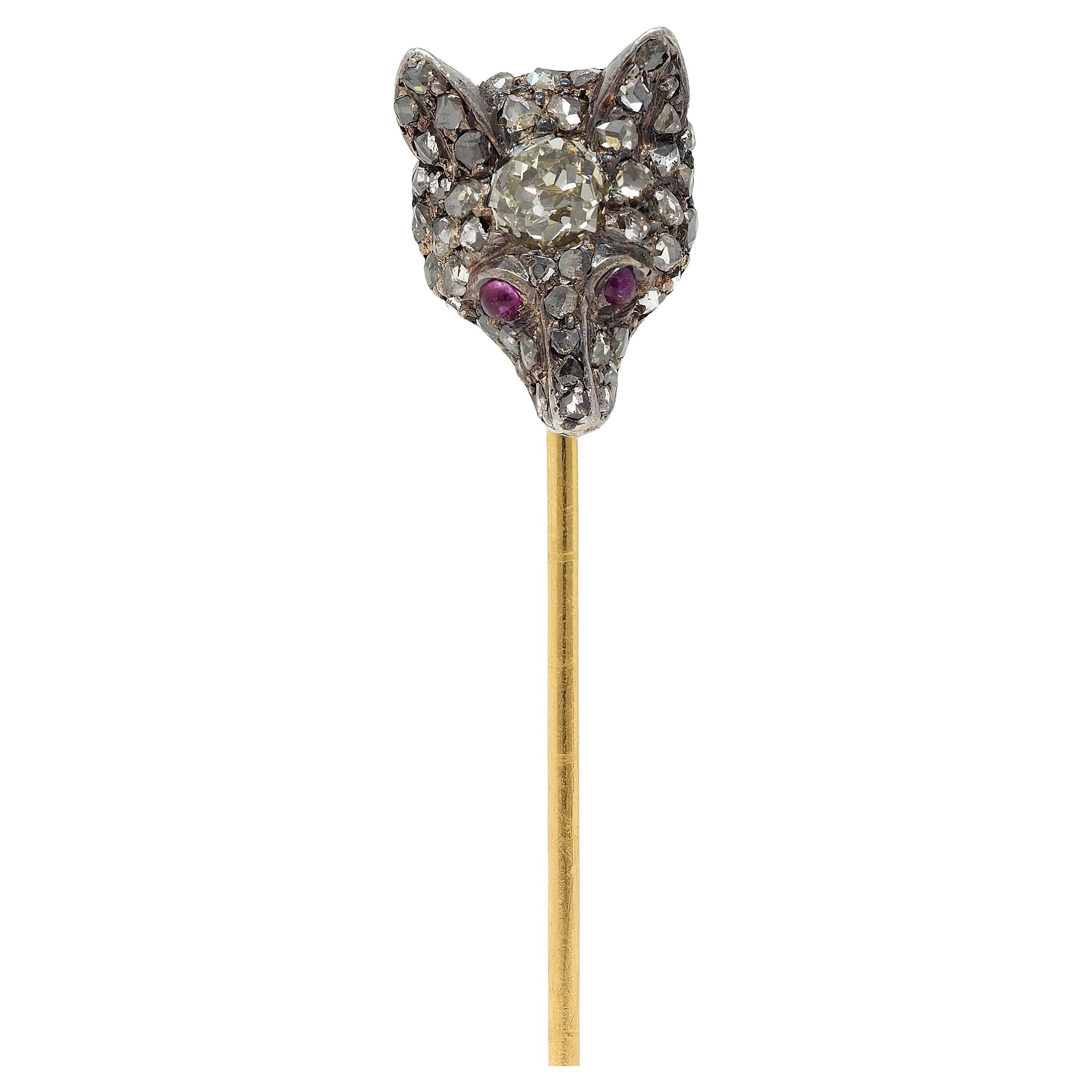 Alfiler eduardiano antiguo de cabeza de zorro con diamantes y rubíes Plata de 18 quilates de oro
