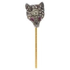 Edwardian Old Mine Diamond Ruby Silver 18 Karat Gold Antique Fox Head Stickpin