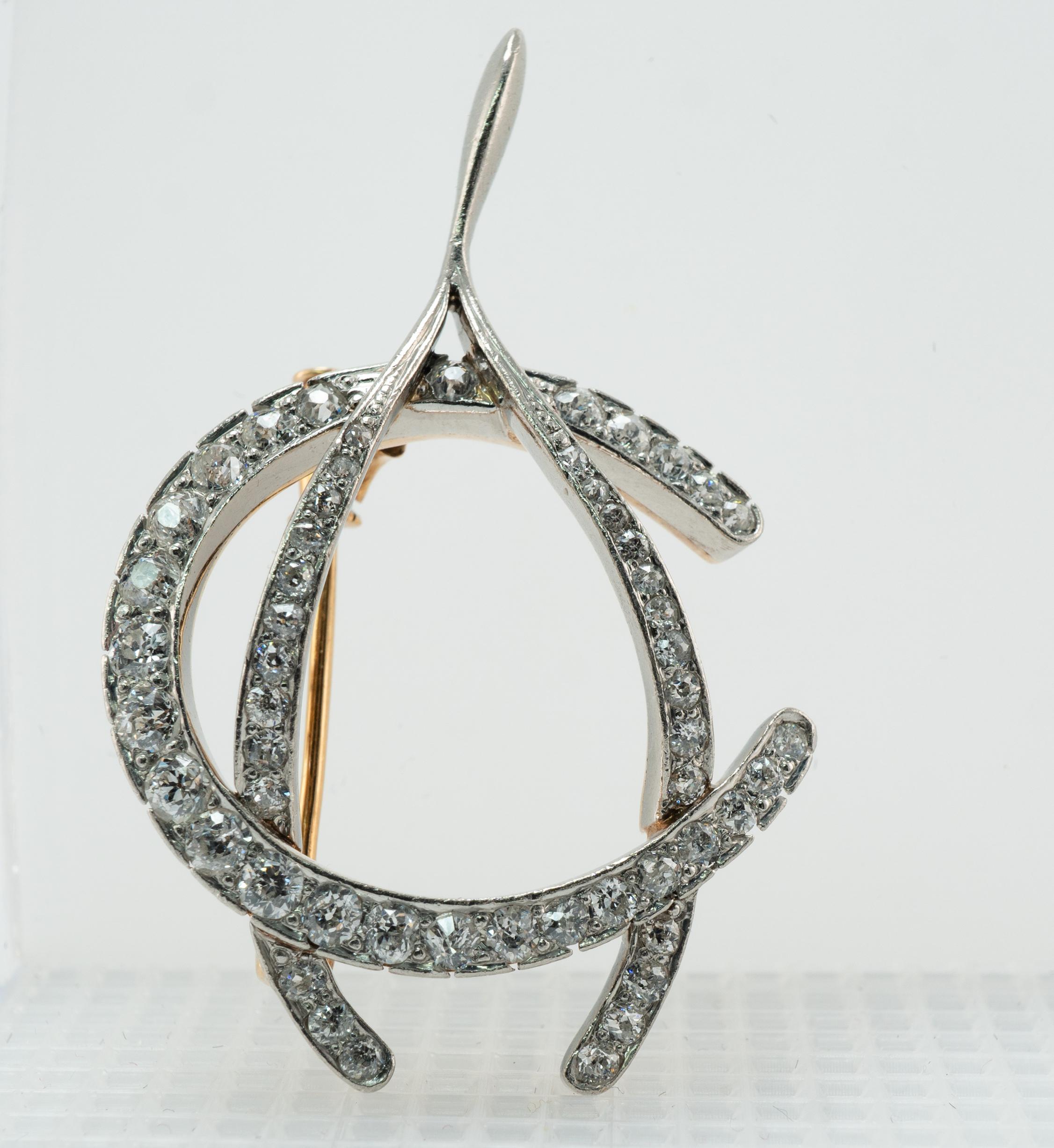 Edwardian Old Mine Diamond Wishbone Brooch Pin Pendant 14K Gold In Good Condition For Sale In East Brunswick, NJ
