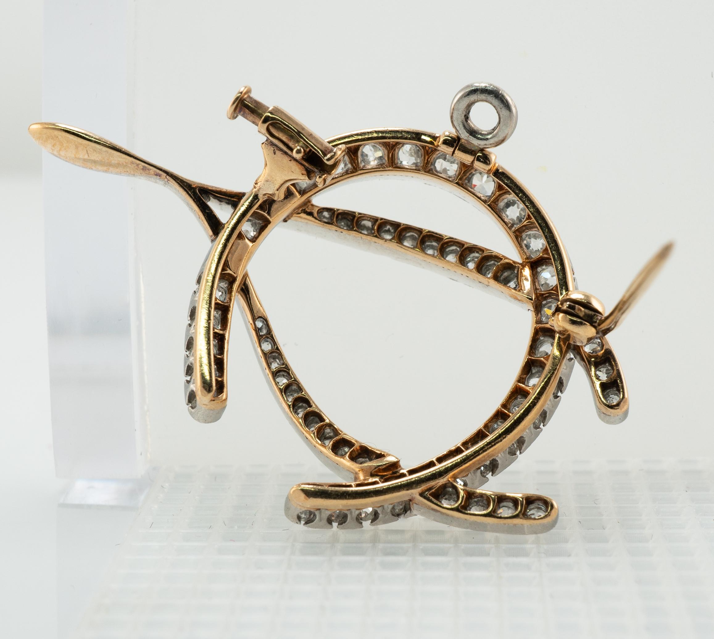 Women's Edwardian Old Mine Diamond Wishbone Brooch Pin Pendant 14K Gold For Sale