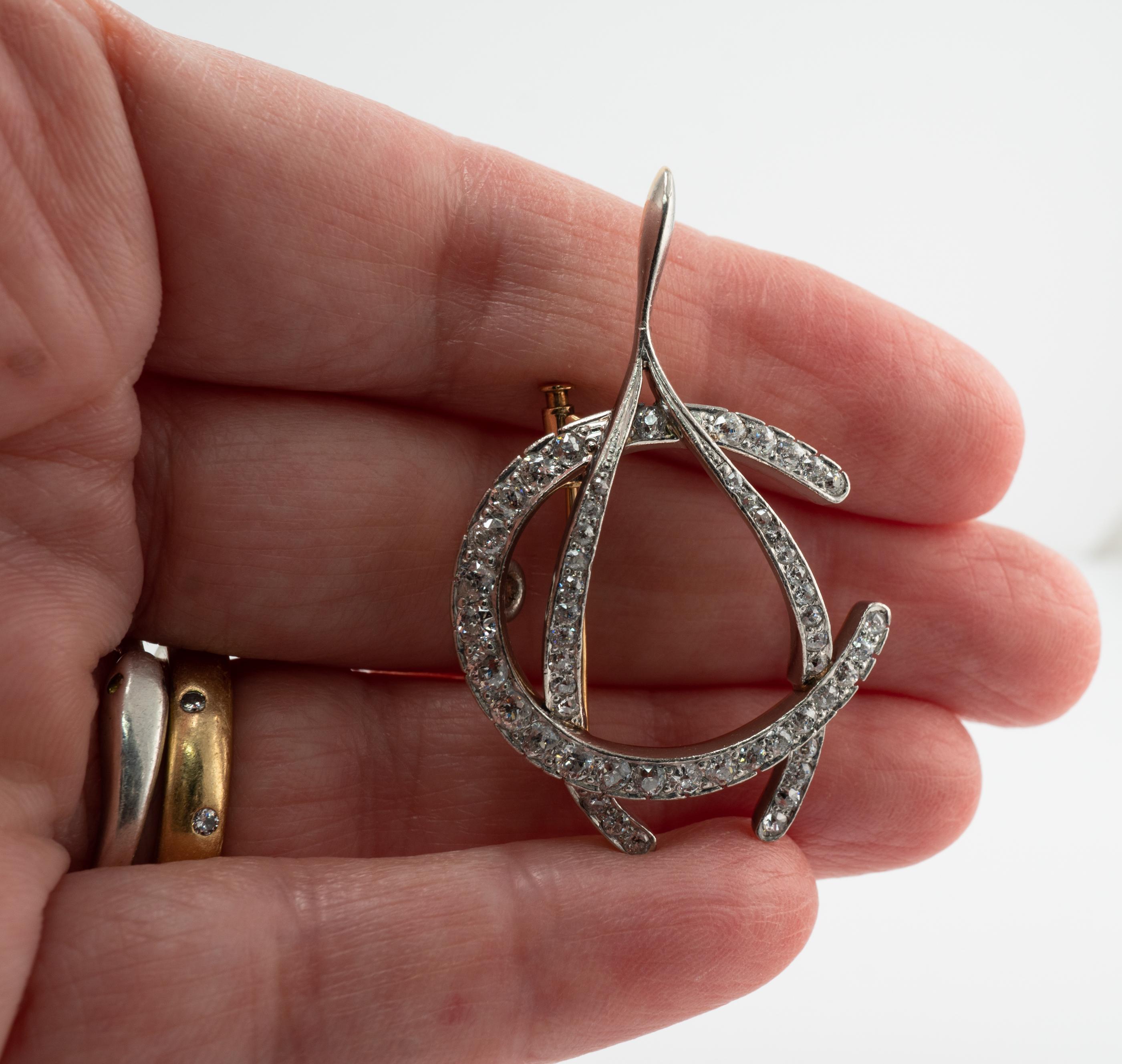 Edwardian Old Mine Diamond Wishbone Brooch Pin Pendant 14K Gold For Sale 1