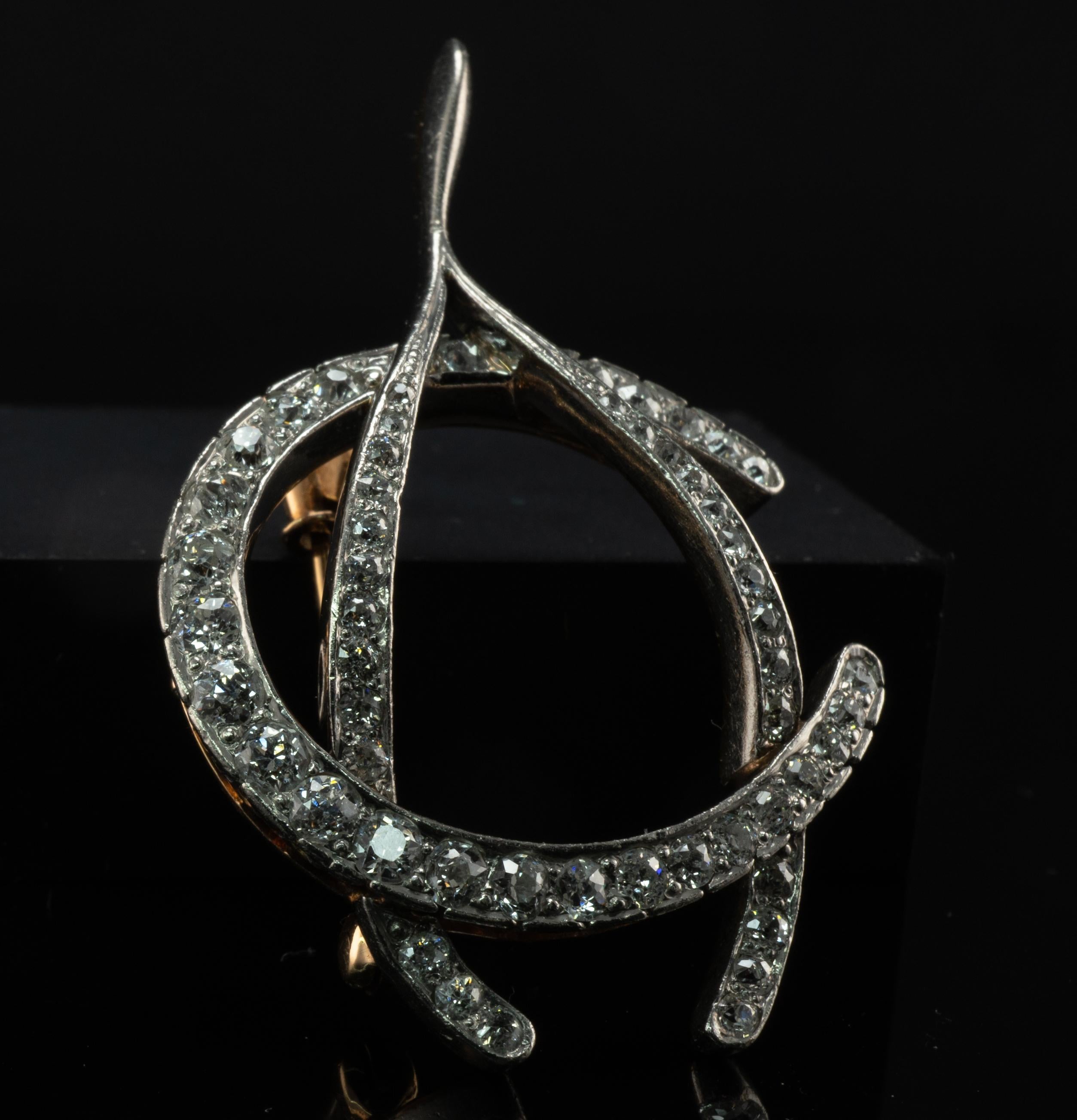 Broche Edwardian Old Mine Diamond Wishbone Colgante Oro 14K en venta 2