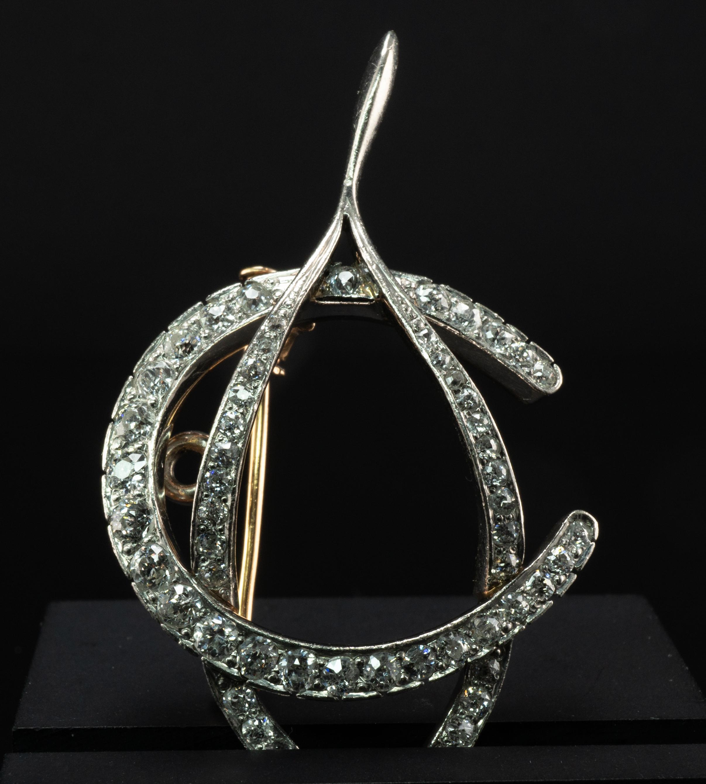 Edwardian Old Mine Diamond Wishbone Brooch Pin Pendant 14K Gold For Sale 4