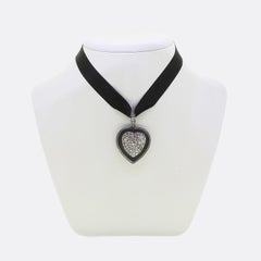 Edwardian Onyx and Diamond Heart Choker Necklace