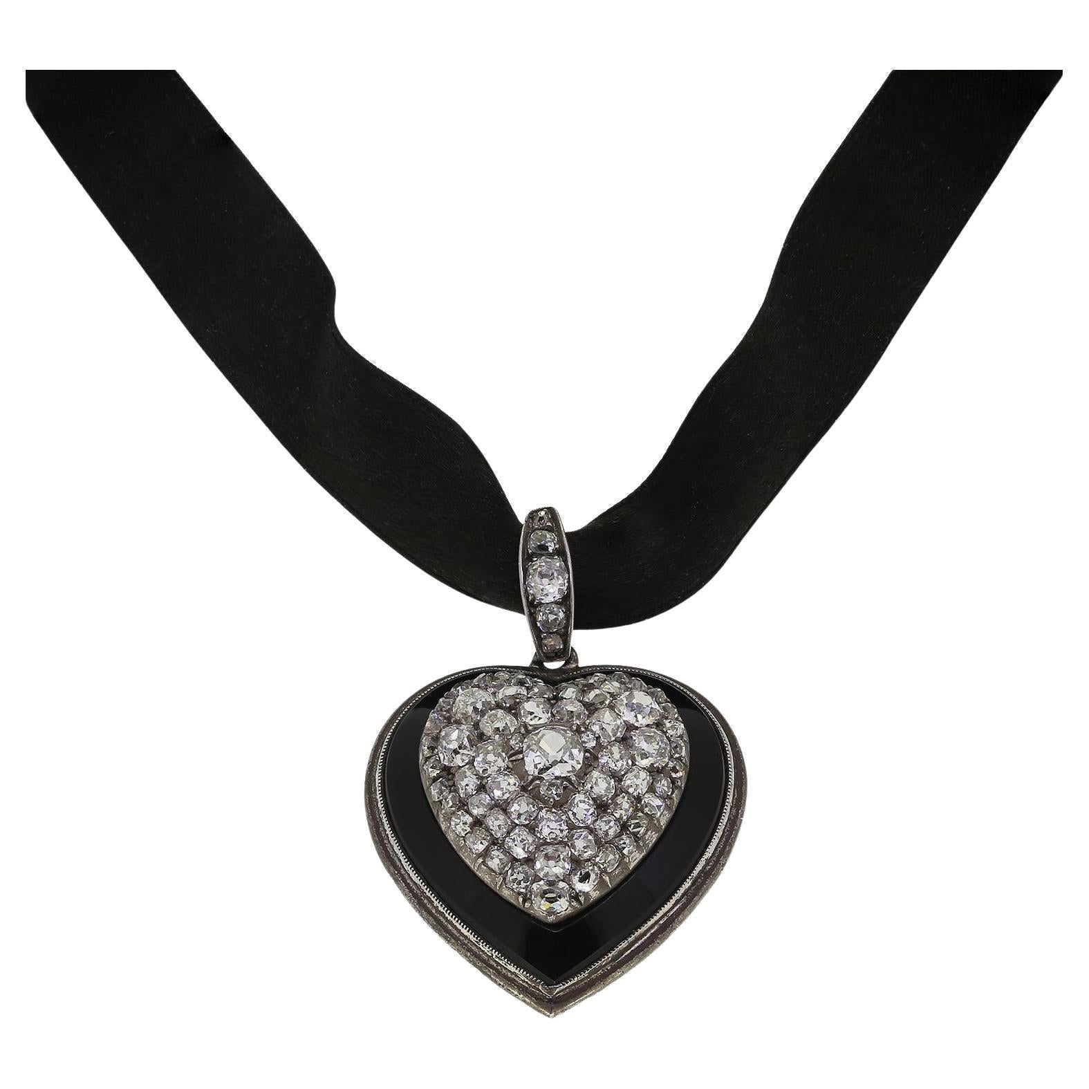 Edwardian Onyx and Diamond Heart Choker Necklace For Sale