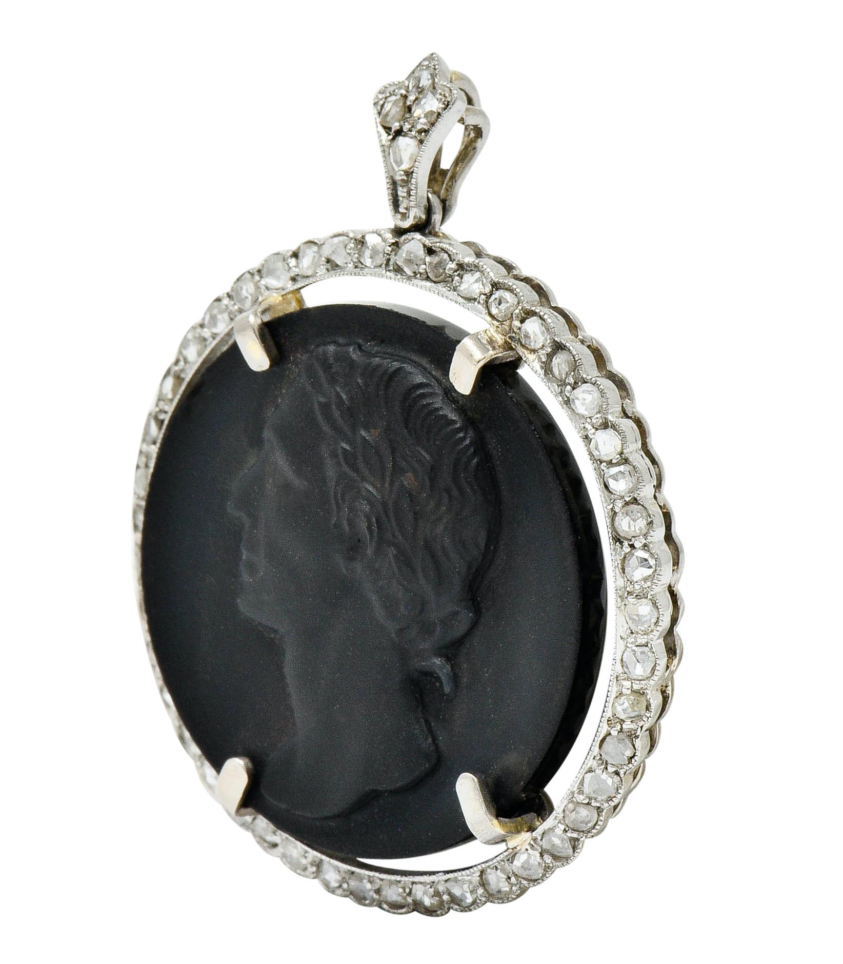 Edwardian Onyx Diamond Platinum Caesar Cameo Pendant In Excellent Condition In Philadelphia, PA