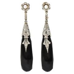 Edwardian Onyx Pearl Diamond Platinum-Topped 14 Karat Gold Floral Earrrings