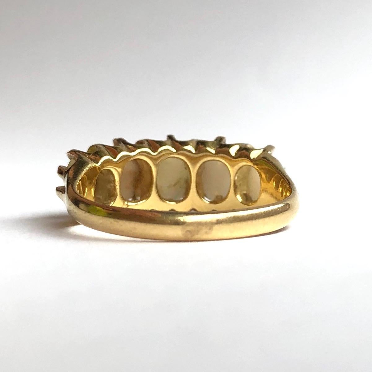 Cabochon Edwardian Opal and Diamond 18 Carat Gold Five-Stone Ring
