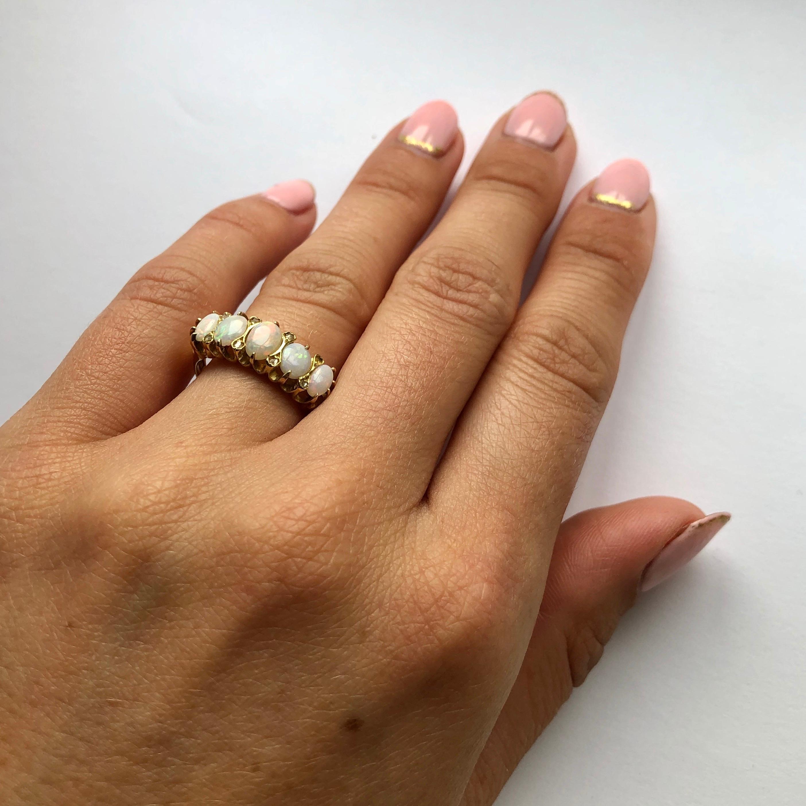 Women's Edwardian Opal and Diamond 18 Carat Gold Five-Stone Ring