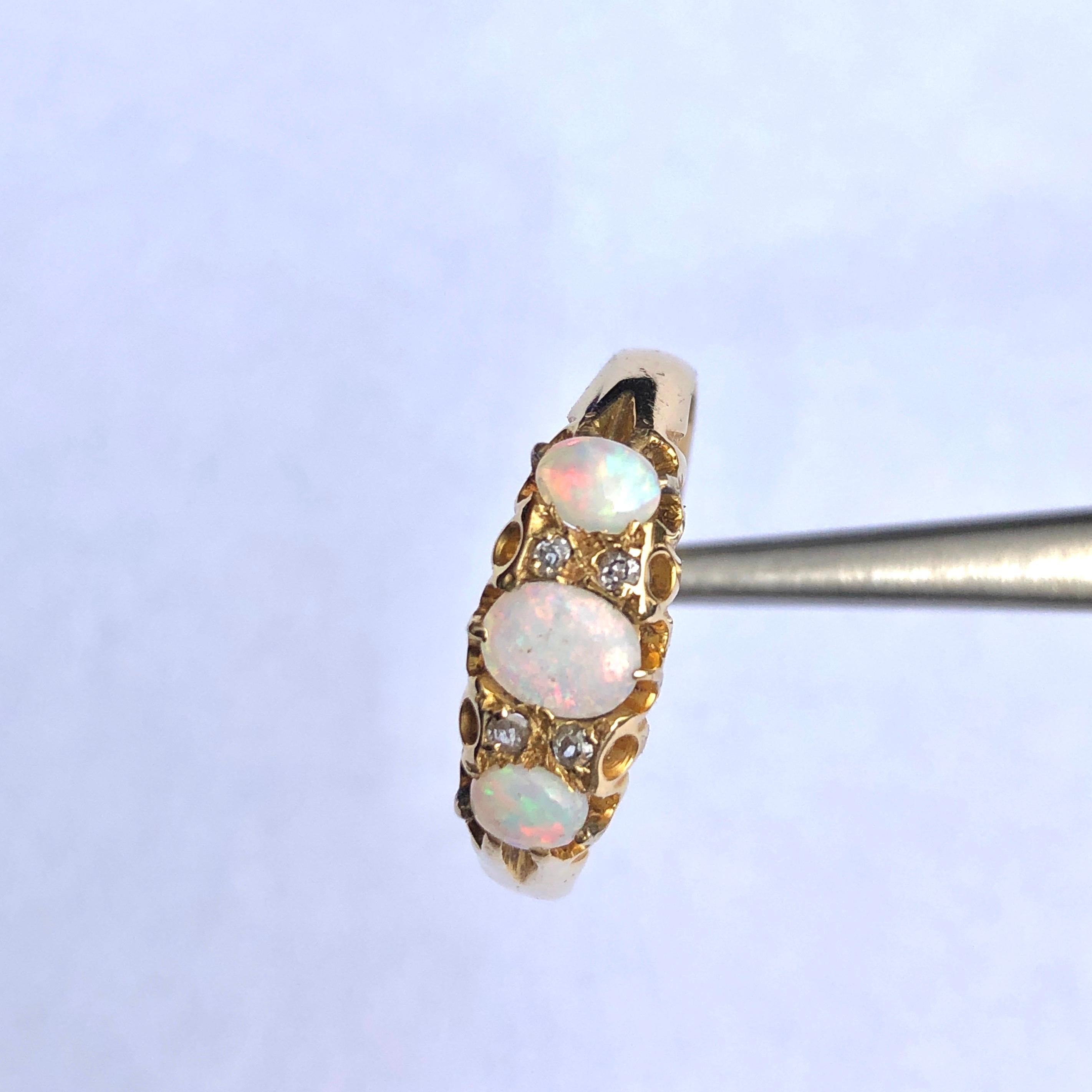 Women's Edwardian Opal and Diamond 18 Carat Gold Three-Stone Ring