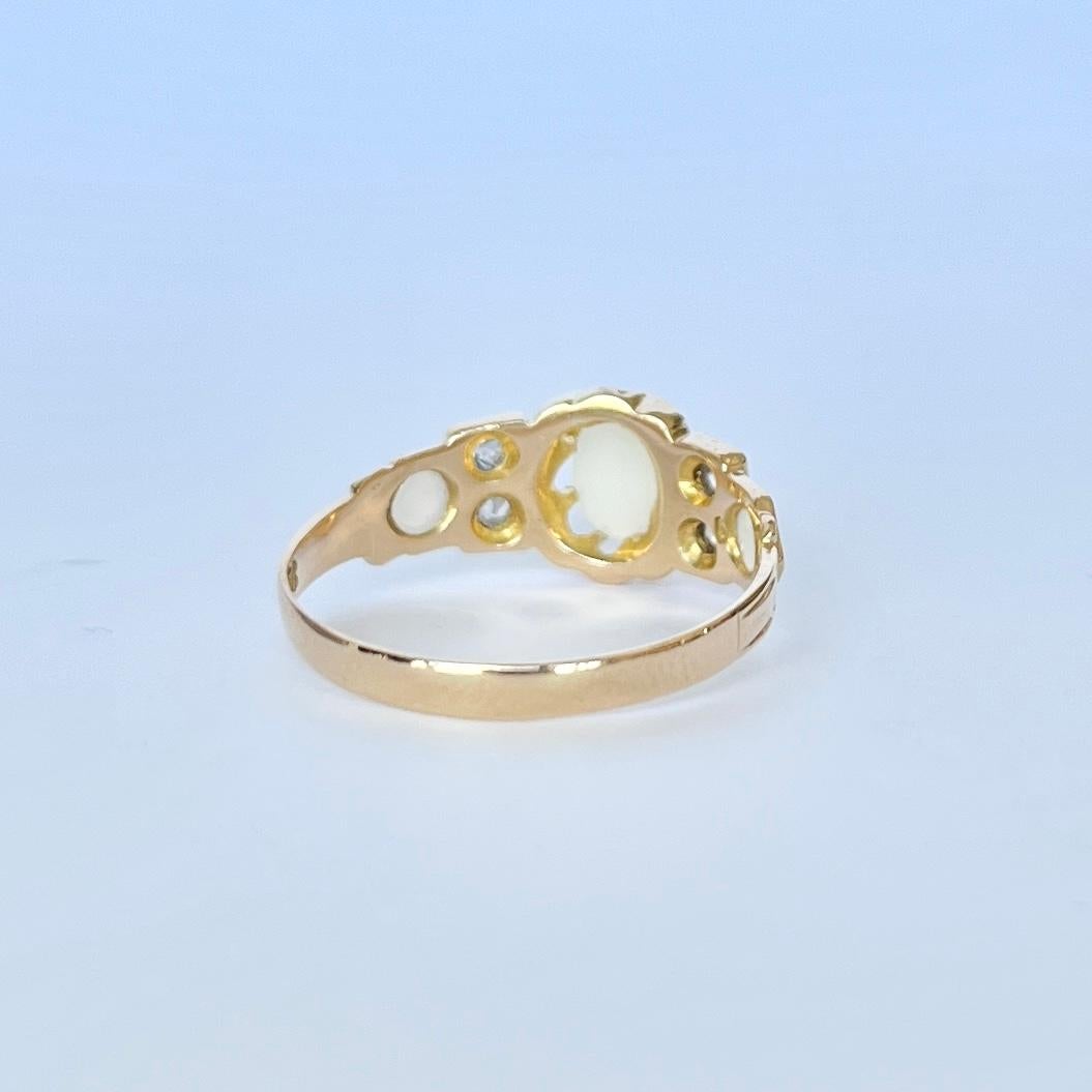 Cabochon Edwardian Opal and Diamond 18 Carat Gold Three-Stone Ring