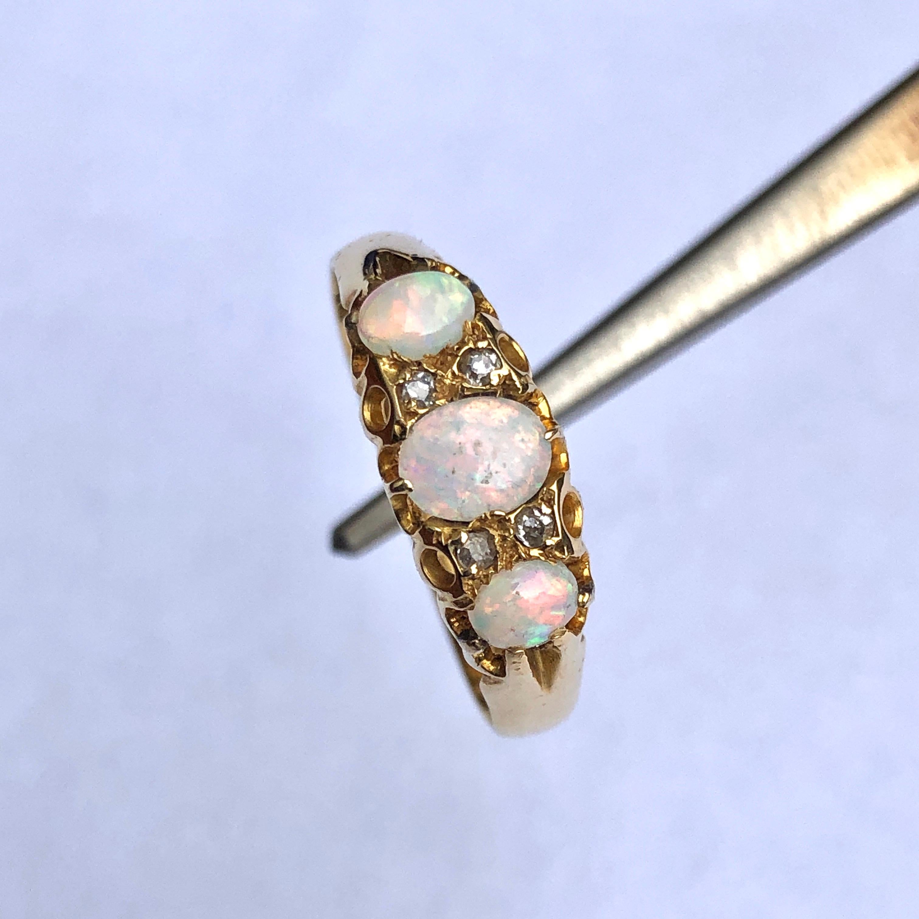 Edwardian Opal and Diamond 18 Carat Gold Three-Stone Ring 1