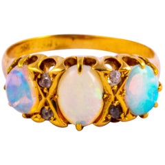 Antique Edwardian Opal and Diamond 18 Carat Gold Three-Stone Ring